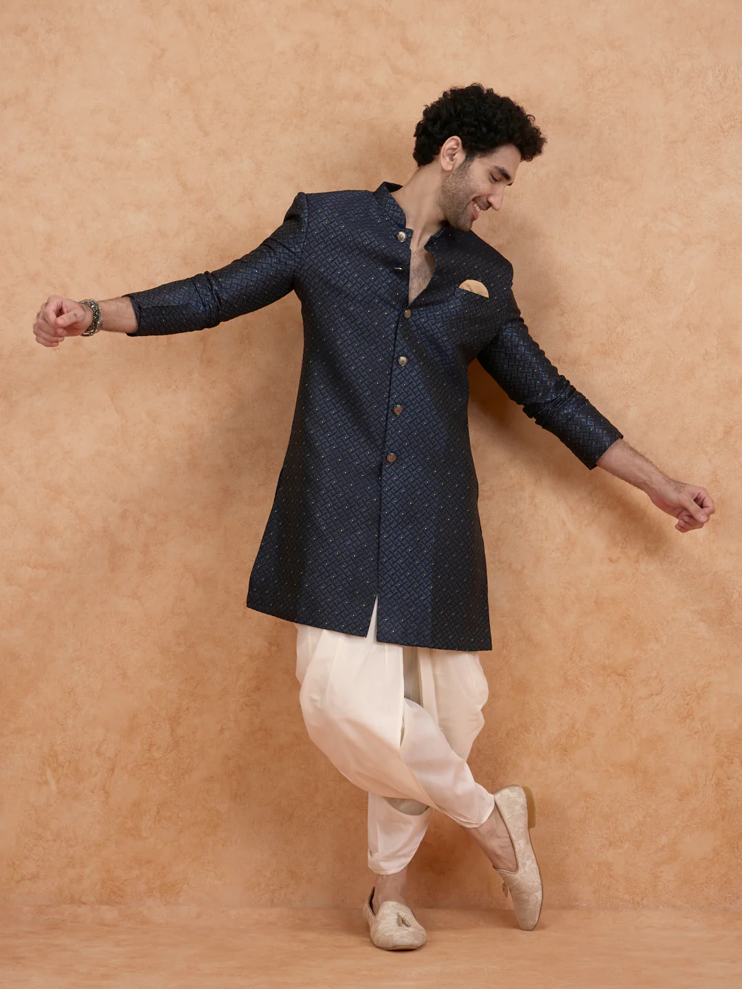 Blue Silk Blend Textured Indowestern Sherwani with Dhoti - Image 8