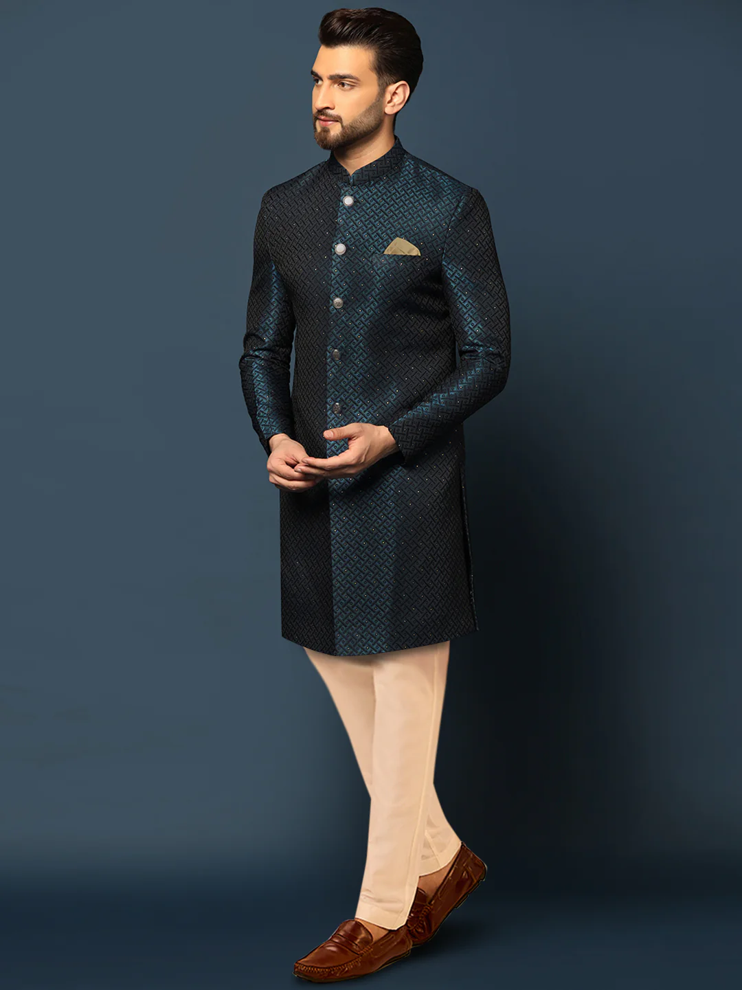 Navy Blue Textured Sherwani Trouser Set - Image 2