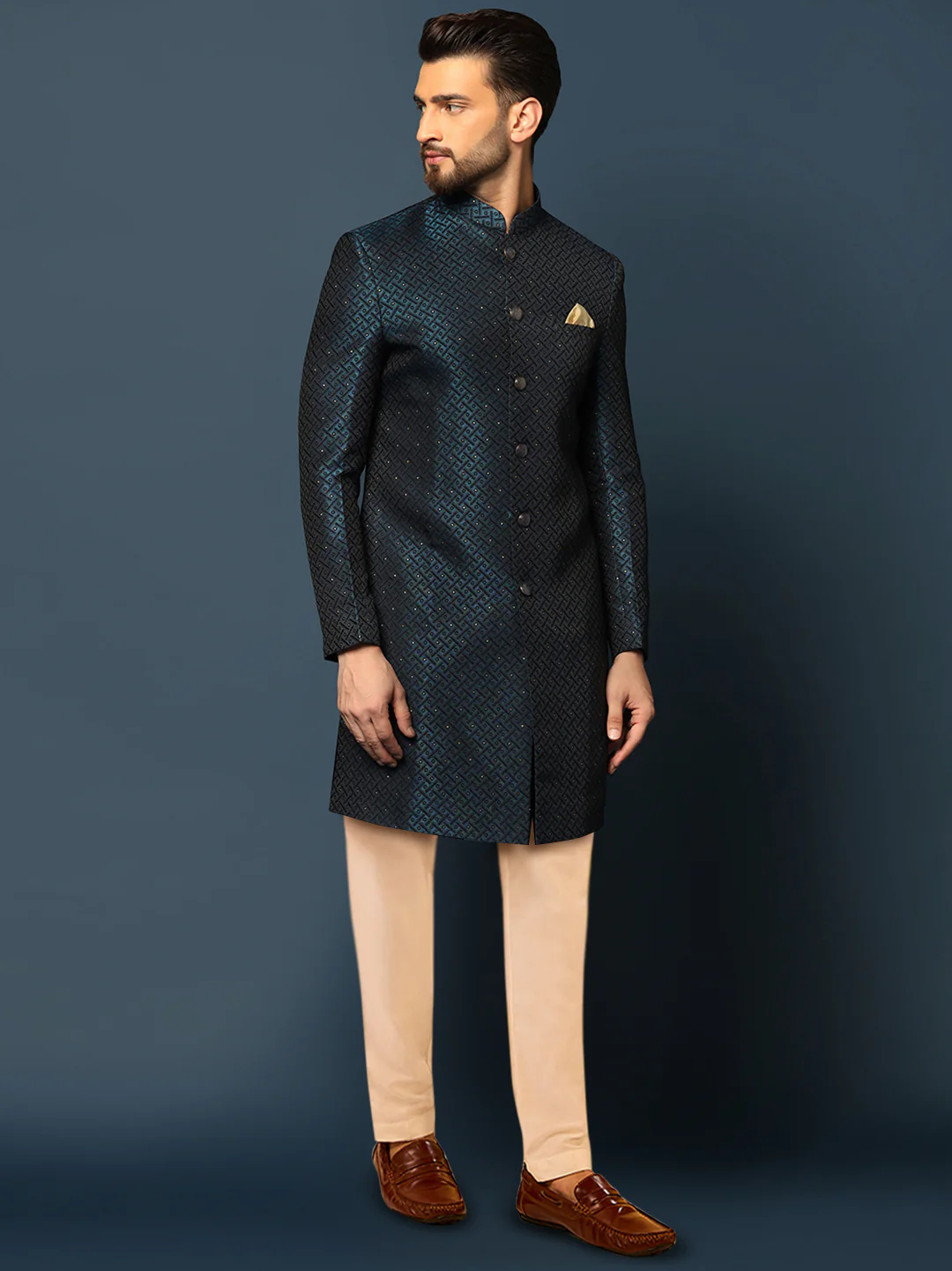 Navy Blue Textured Sherwani Trouser Set - Image 3