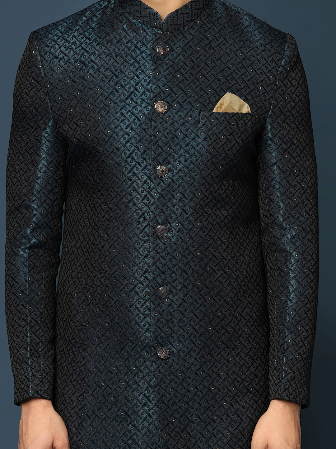 Navy Blue Textured Sherwani Trouser Set - Image 5