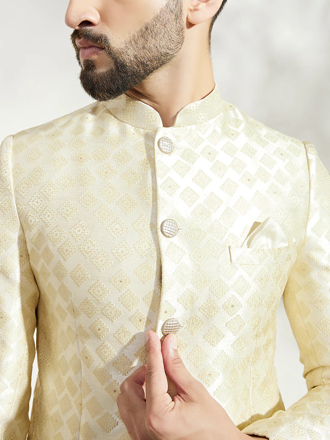 Cream Silk Blend Textured Jodhpuri Bandhgala Set - Image 5