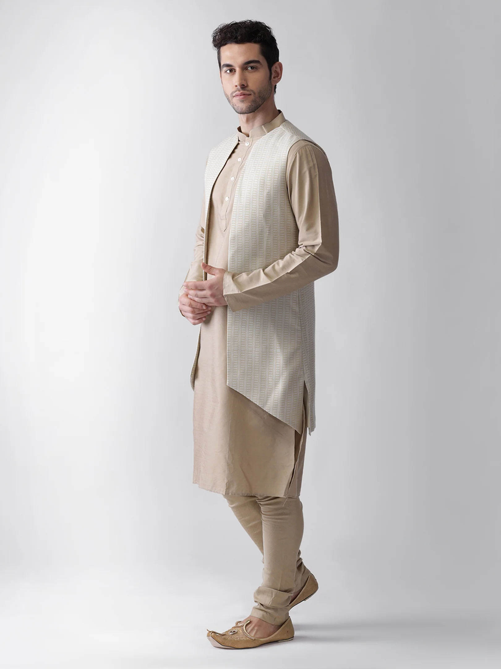 Off-White Jacket Beige Kurta Churidar Set - Image 3