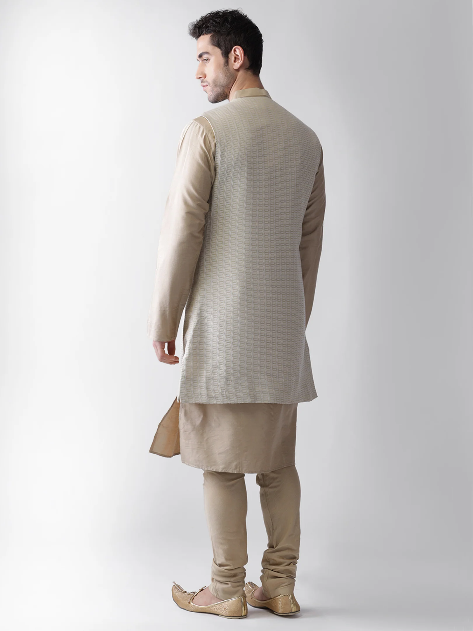 Off-White Jacket Beige Kurta Churidar Set - Image 4