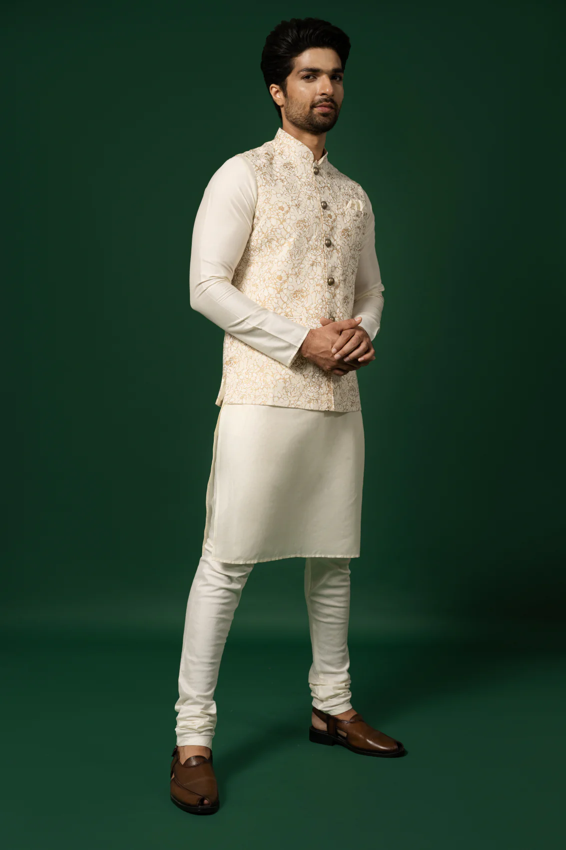 Cream Art Silk Embroidered Nehru Jacket Bundi with Kurta Churidar - Image 3