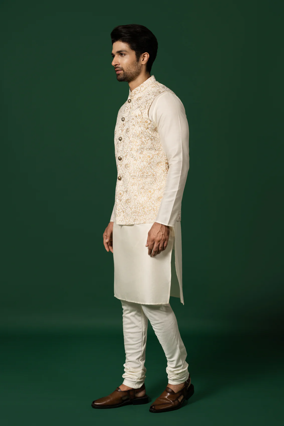 Cream Art Silk Embroidered Nehru Jacket Bundi with Kurta Churidar - Image 4