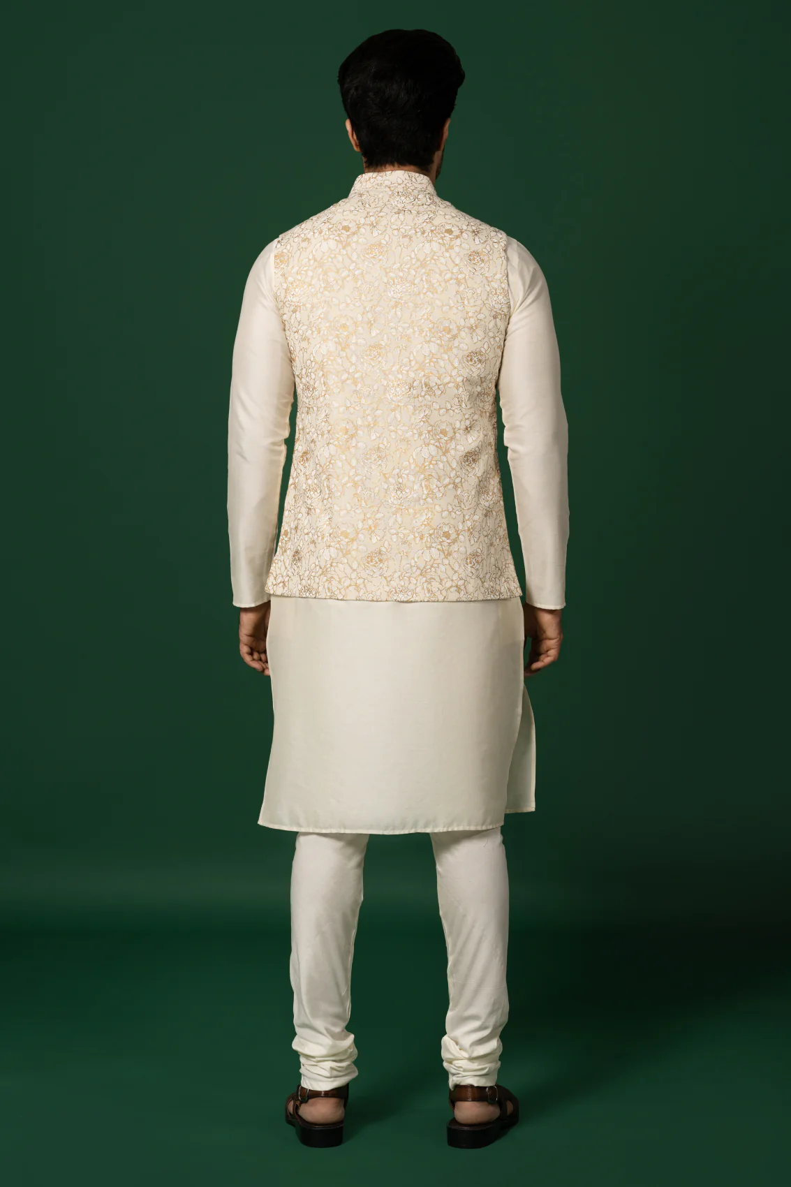 Cream Art Silk Embroidered Nehru Jacket Bundi with Kurta Churidar - Image 5