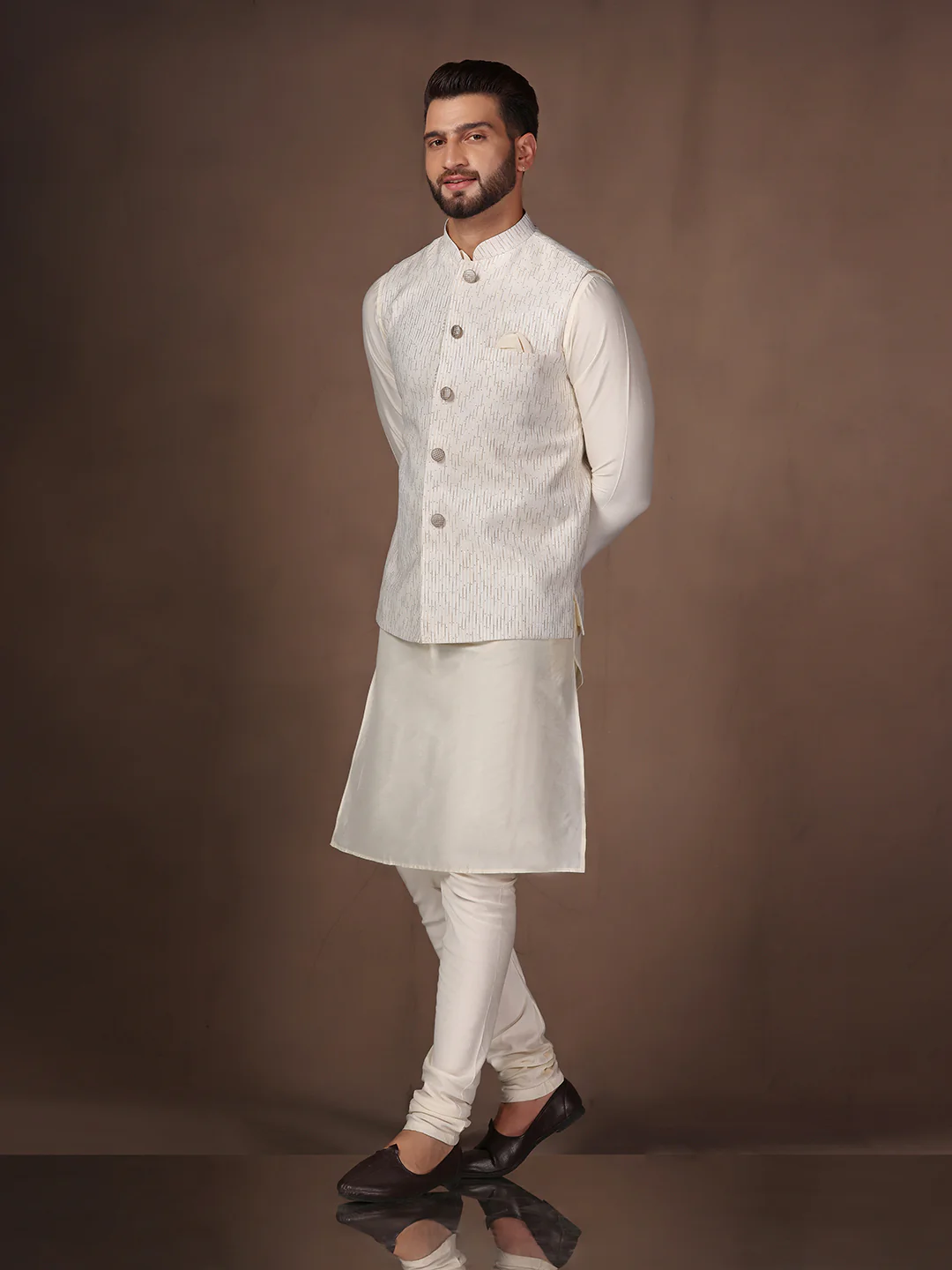 Off White Embellished Nehru Jacket Kurta Set - Image 3