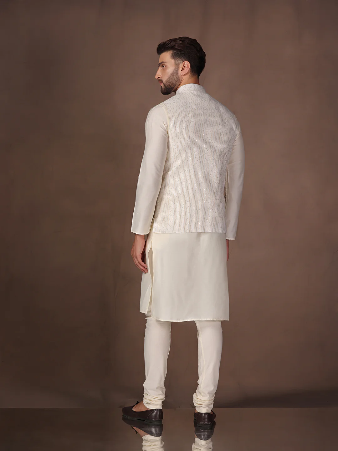 Off White Embellished Nehru Jacket Kurta Set - Image 4