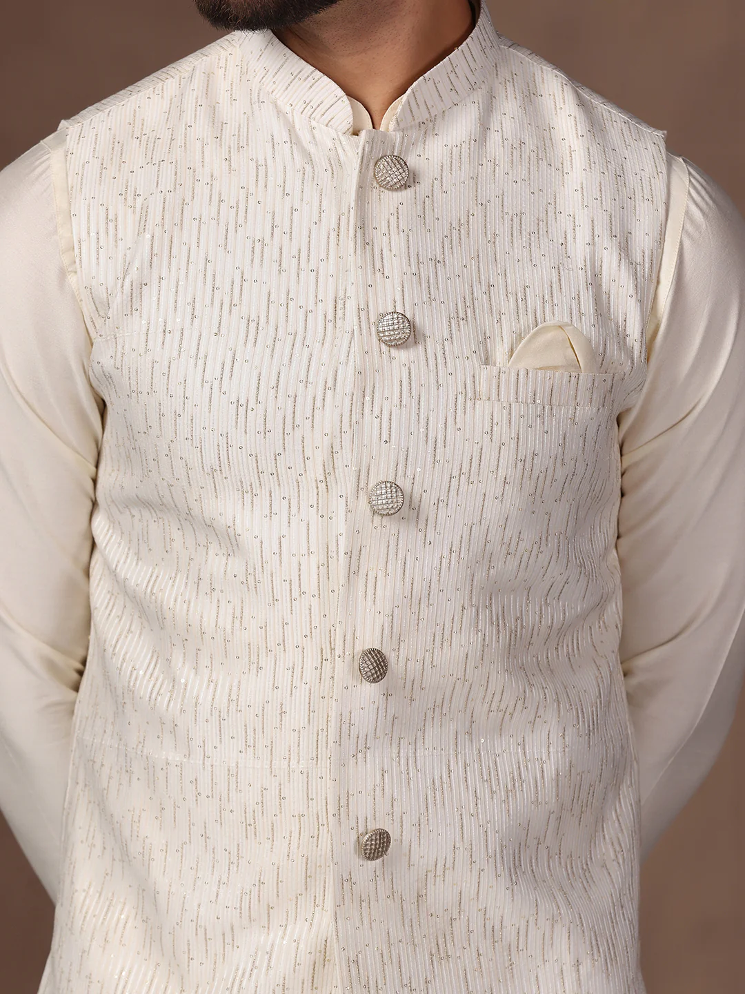 Off White Embellished Nehru Jacket Kurta Set - Image 6