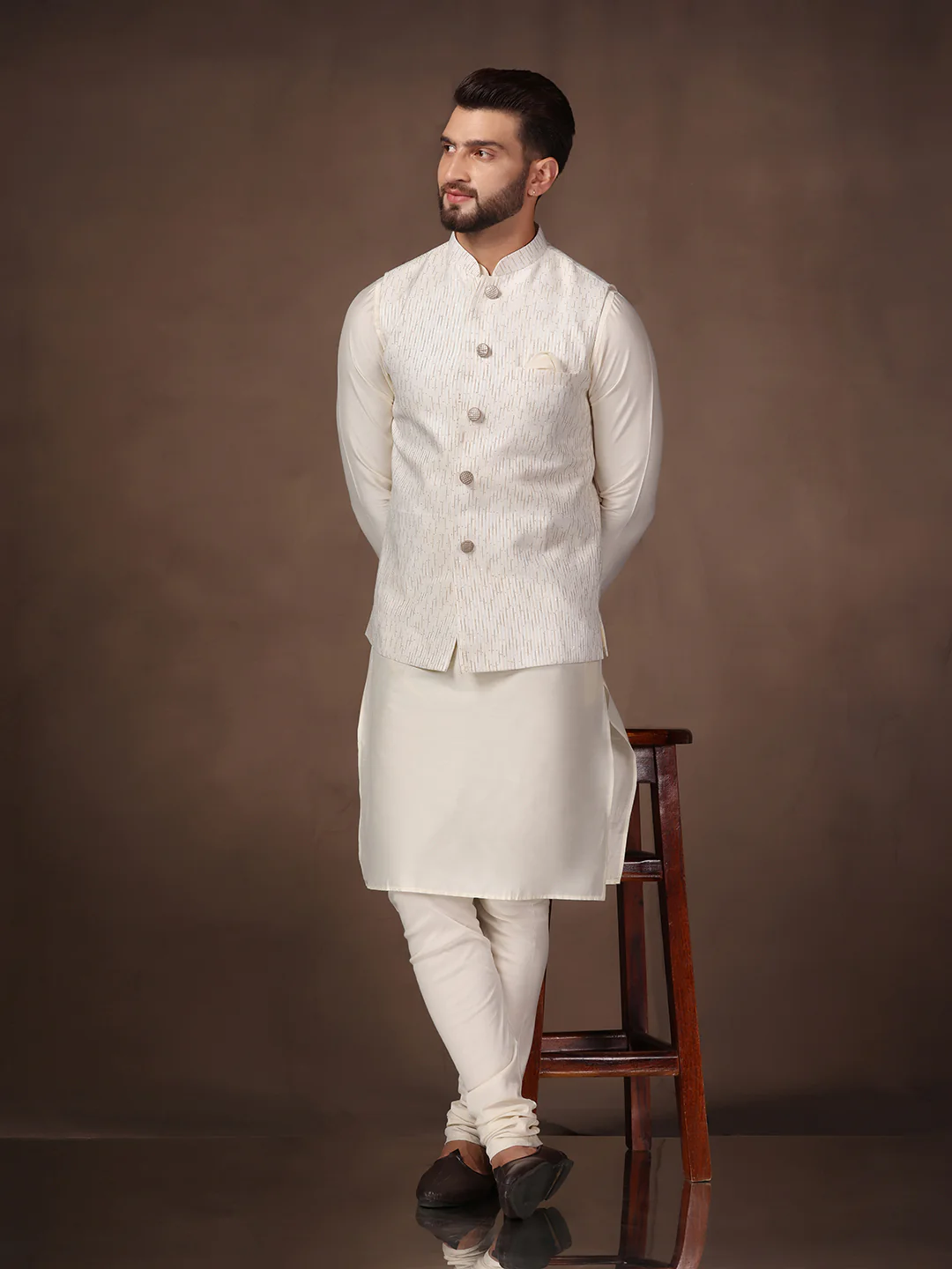 Off White Embellished Nehru Jacket Kurta Set - Image 8