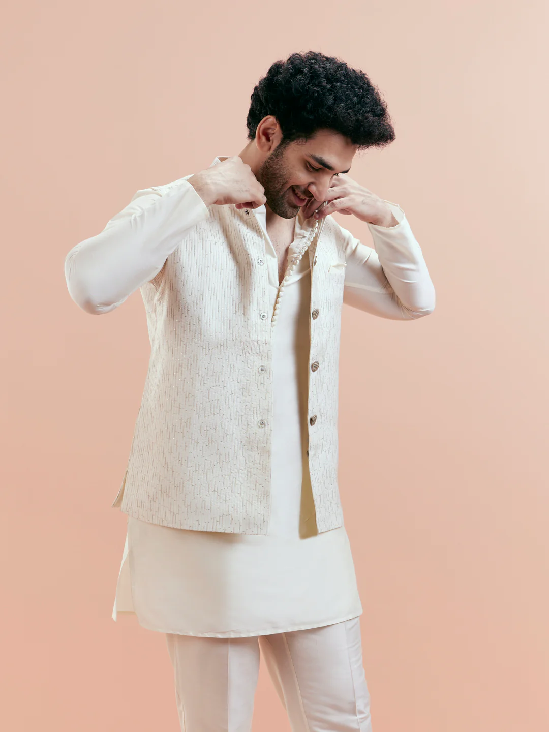Cream Cotton Silk Textured Nehru Jacket - Image 6