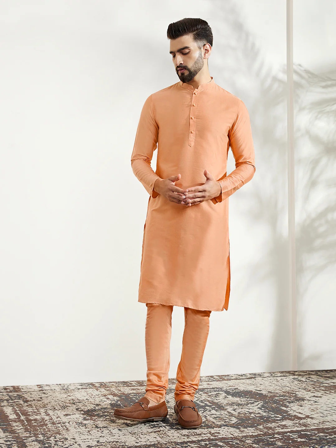 Men's Off White Kurta Indowestern Churidar Set - Image 5