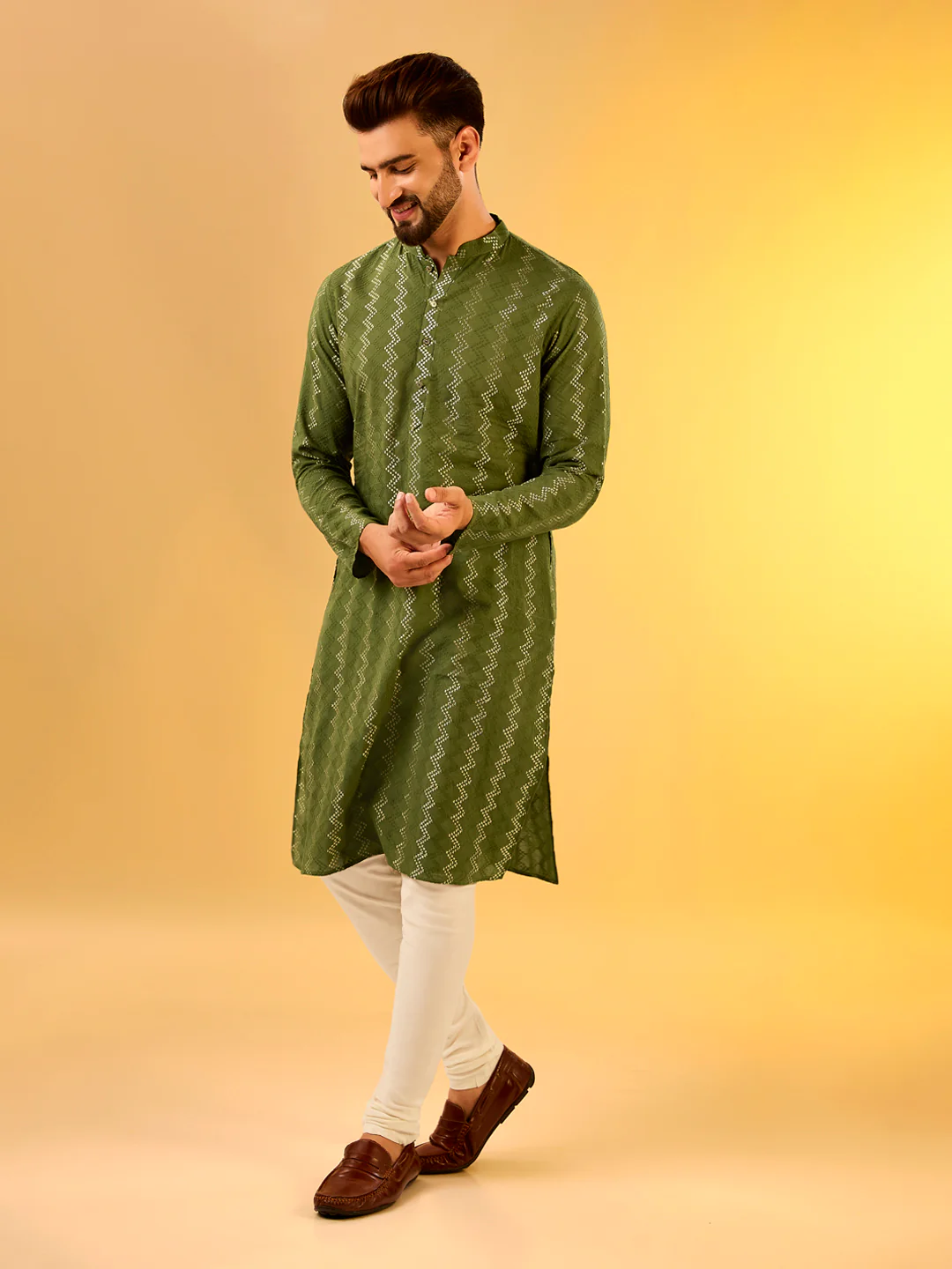 Green Printed Kurta Cream Churidar Set - Image 3