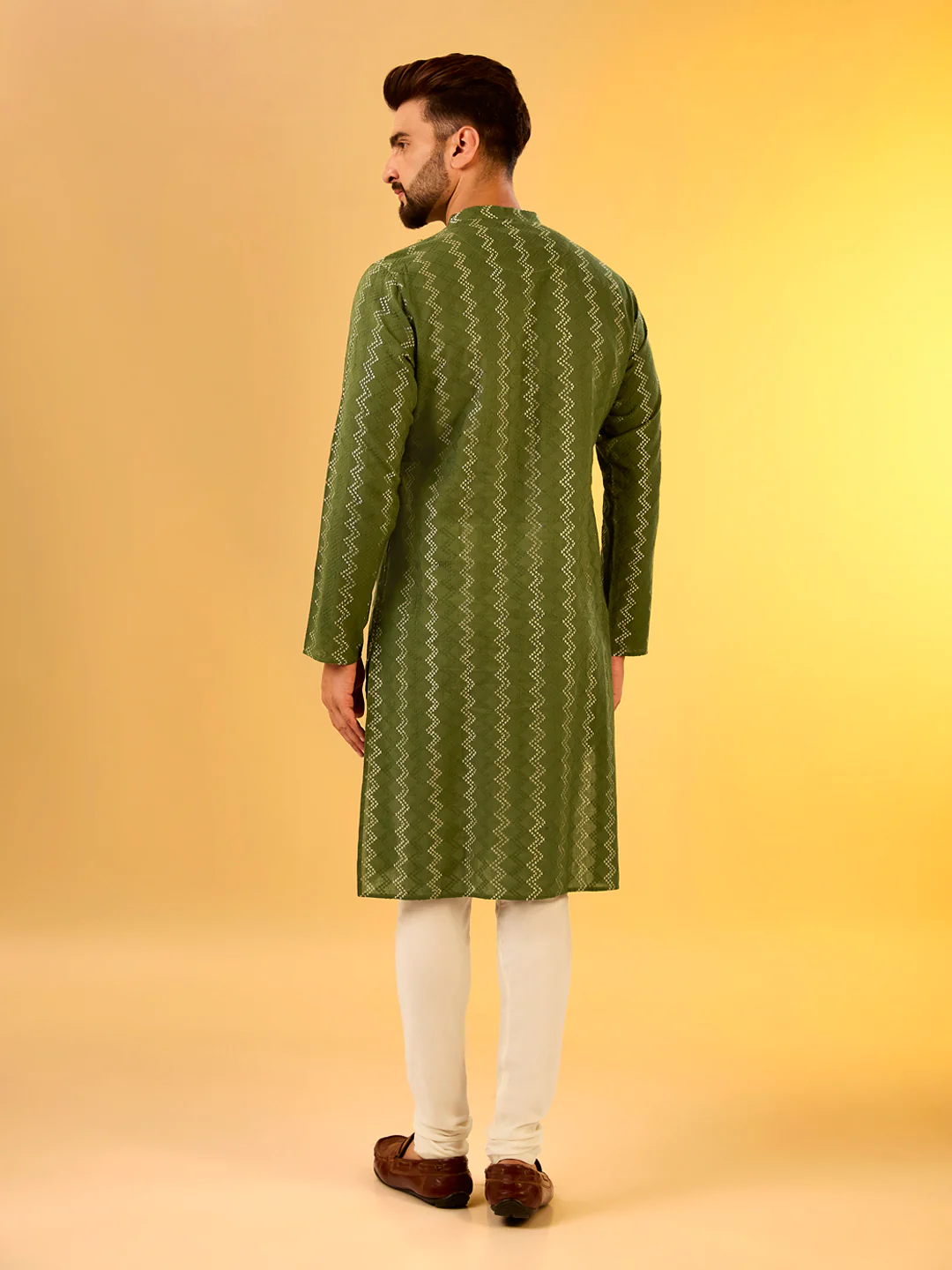 Green Printed Kurta Cream Churidar Set - Image 4