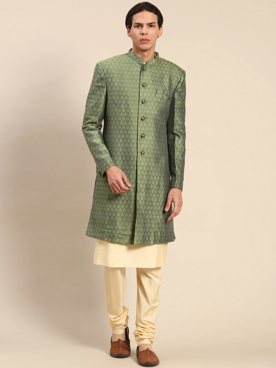 Kisah Men's Olive Kurta Indowestern Churidar Set