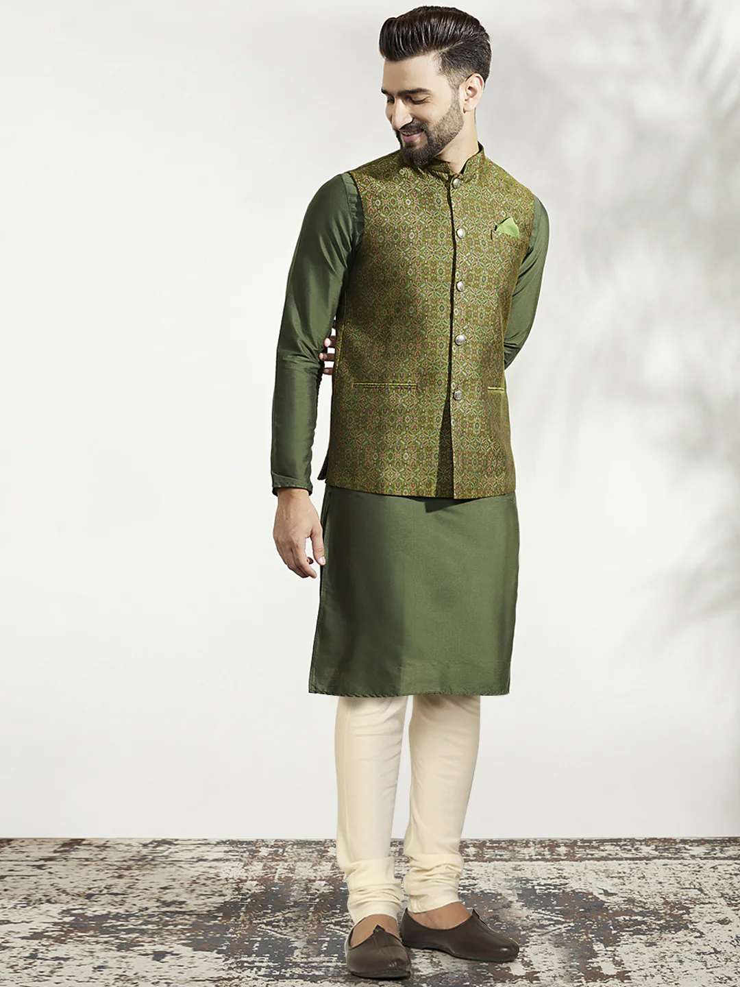 Olive Green Kurta with Jacquard Jacket & Churidar - Image 2