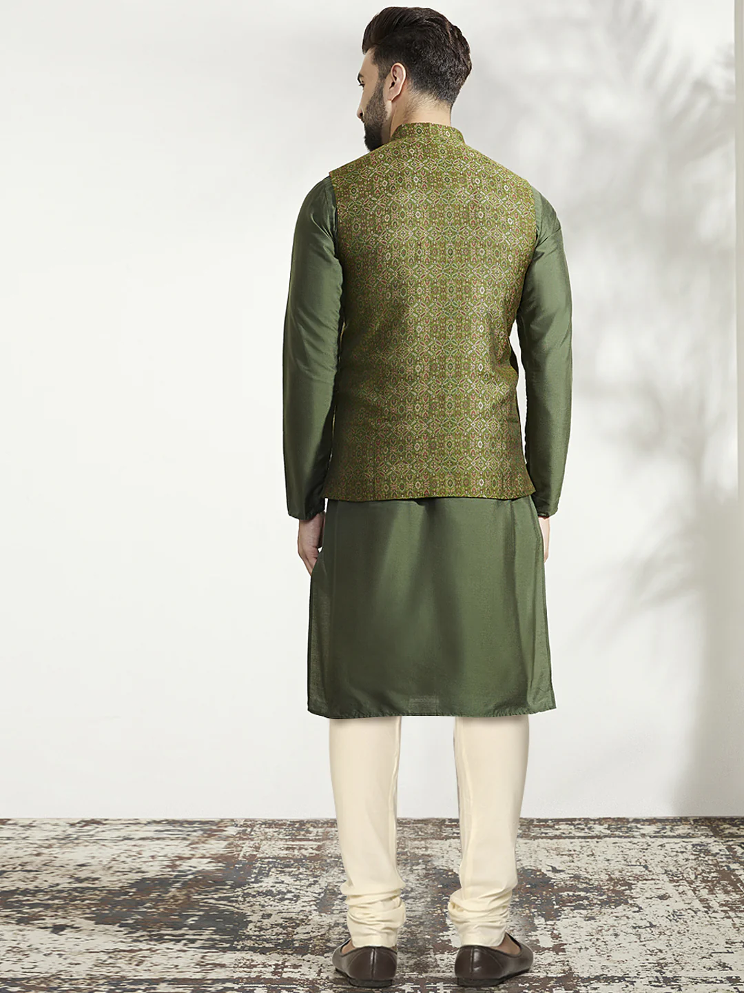 Olive Green Kurta with Jacquard Jacket & Churidar - Image 4