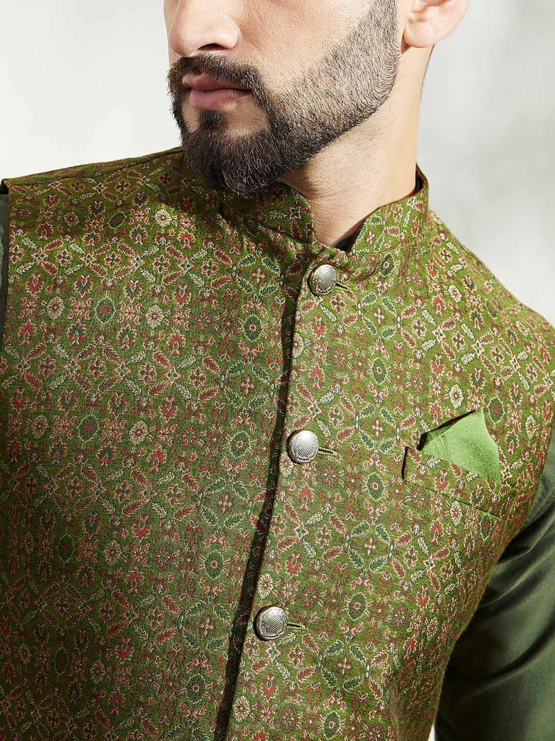 Olive Green Kurta with Jacquard Jacket & Churidar - Image 6