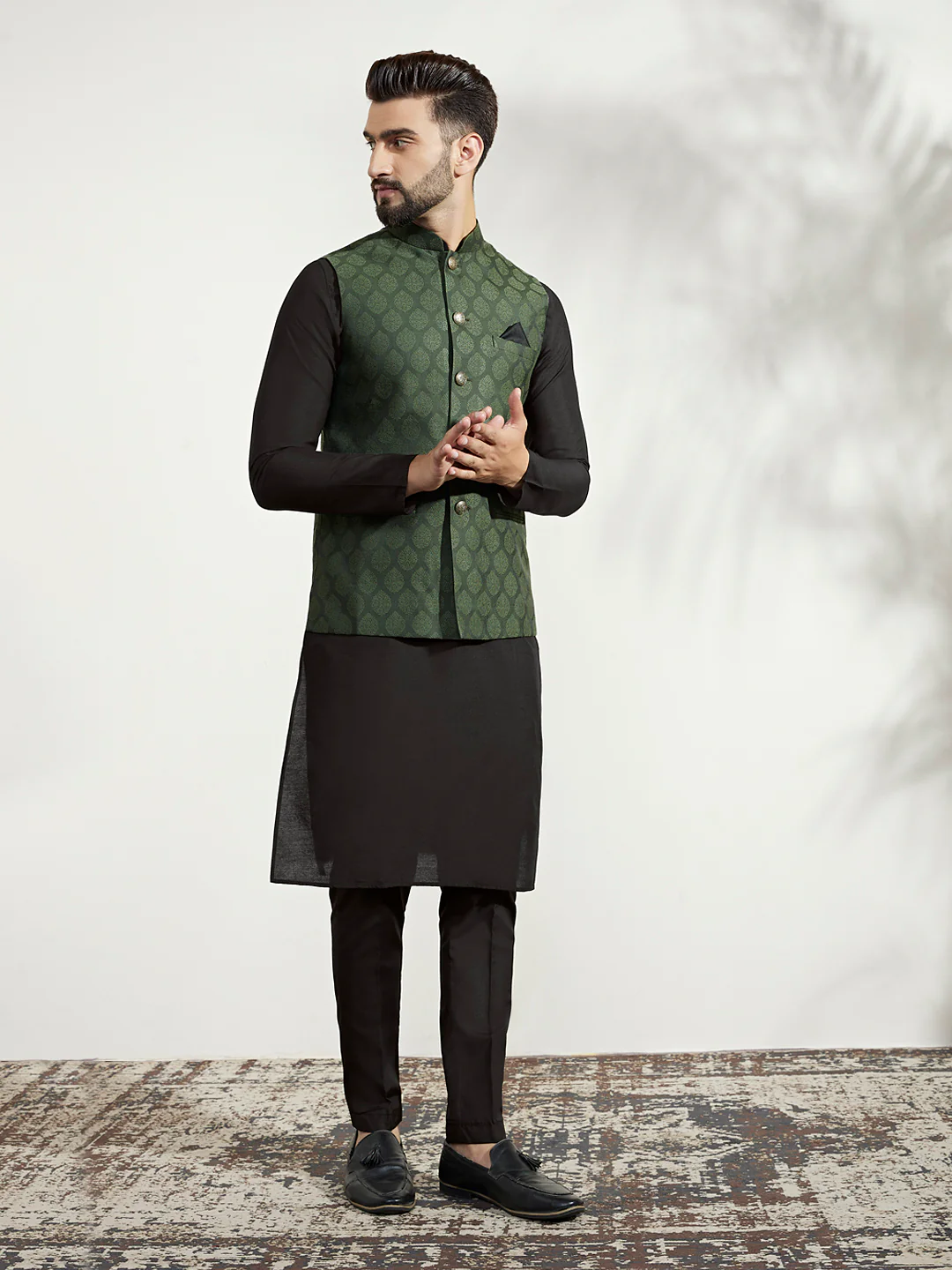 Olive Green Jacket Kurta Trouser Set - Image 2