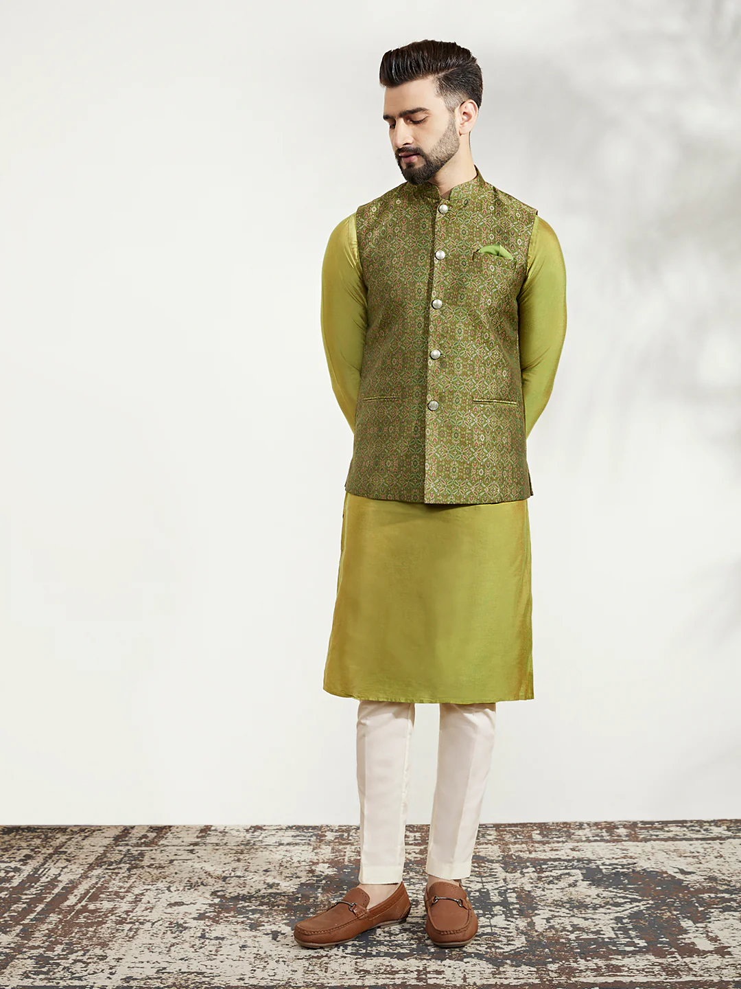 Olive Silk Jacquard Nehru Jacket Kurta Trouser