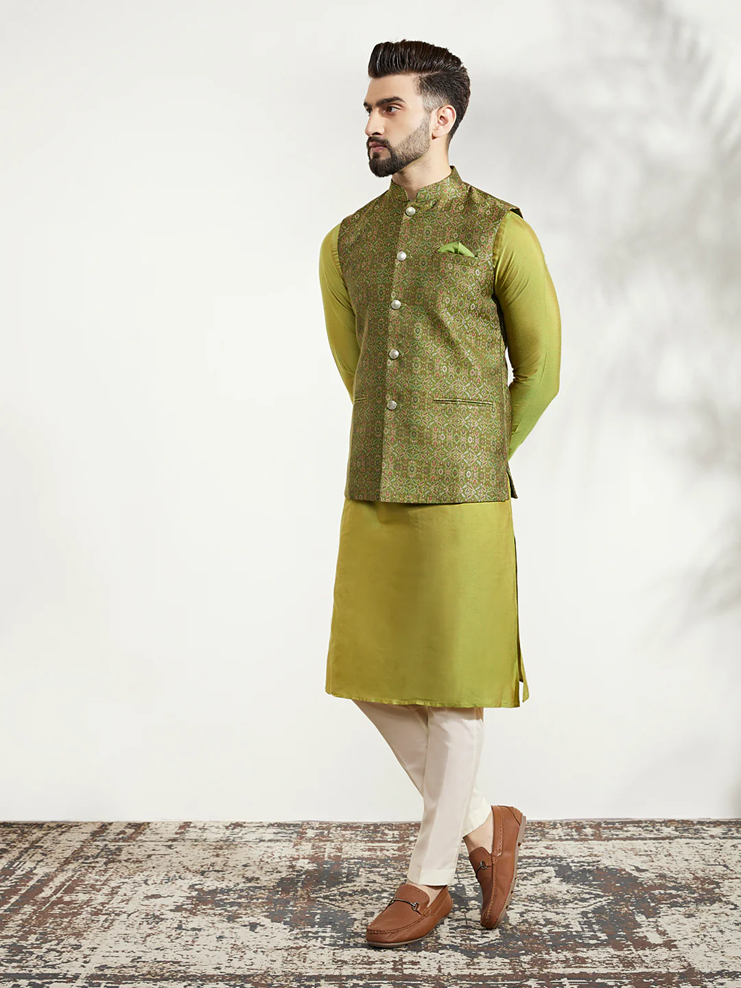 Olive Silk Jacquard Nehru Jacket Kurta Trouser - Image 3