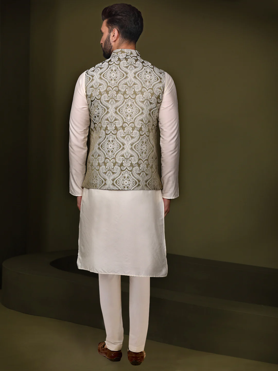 Grey Silk Woven Paisley Nehru Jacket Kurta Set - Image 4