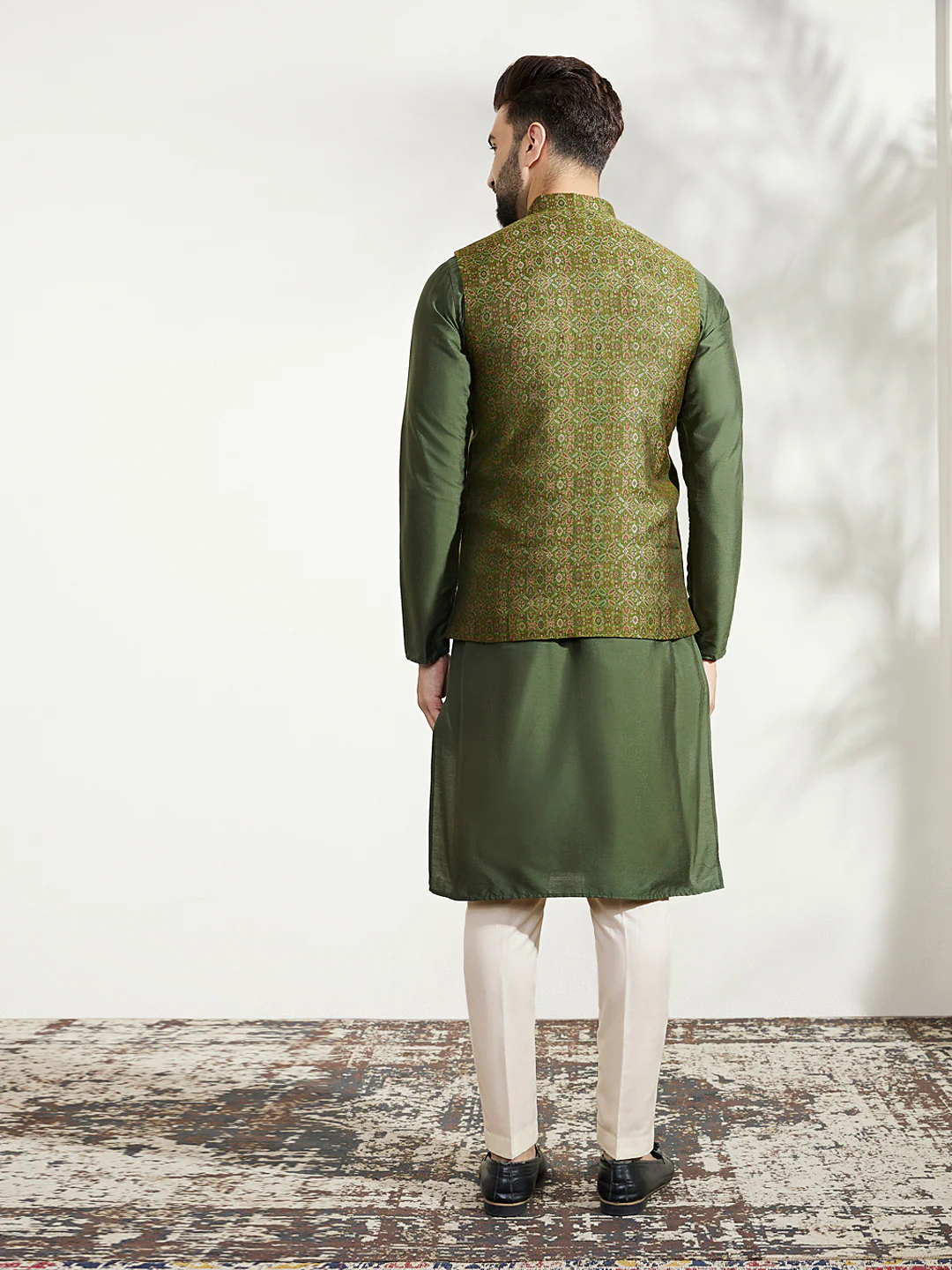 Olive Green Textured Nehru Jacket Kurta Trouser - Image 4