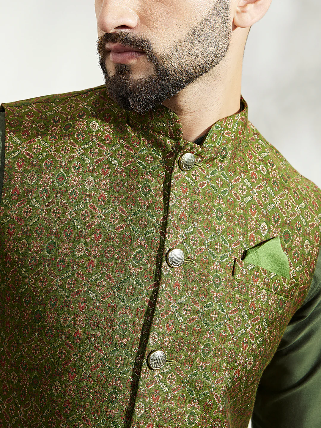 Olive Green Textured Nehru Jacket Kurta Trouser - Image 6