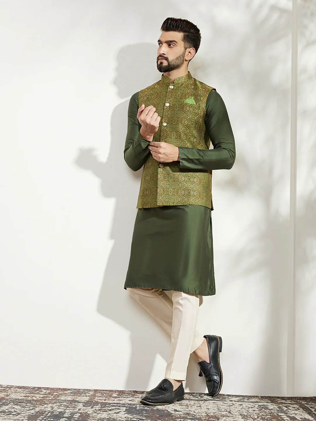 Olive Green Textured Nehru Jacket Kurta Trouser - Image 8