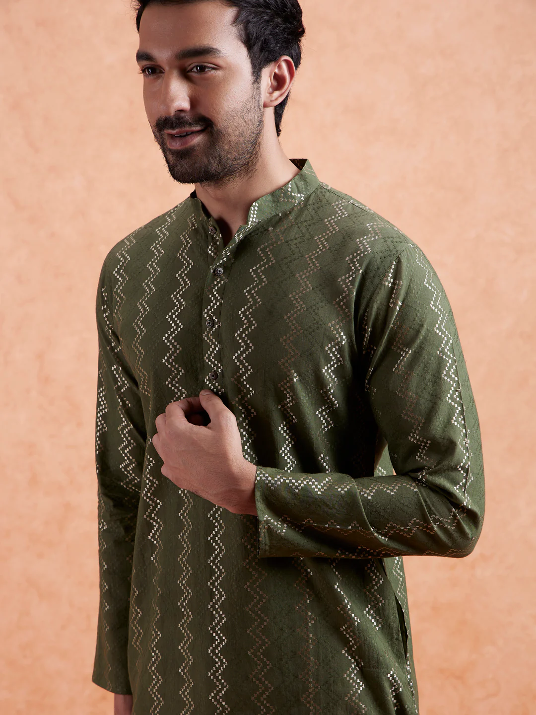 Green Silk Blend Textured Long Kurta - Image 3