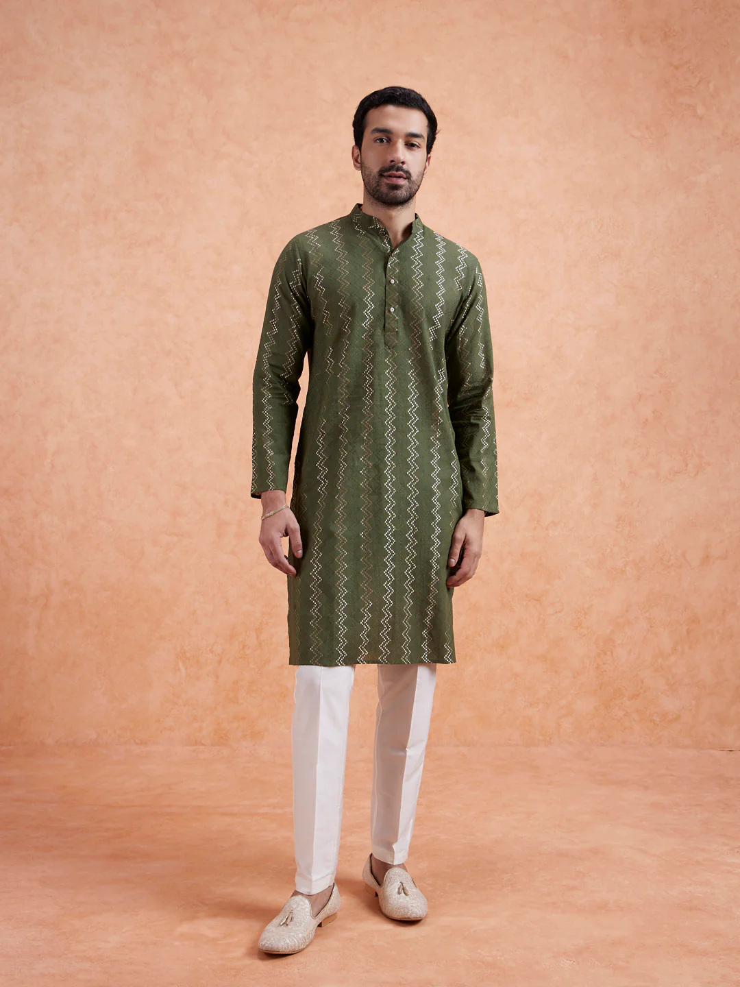 Green Silk Blend Textured Long Kurta - Image 4