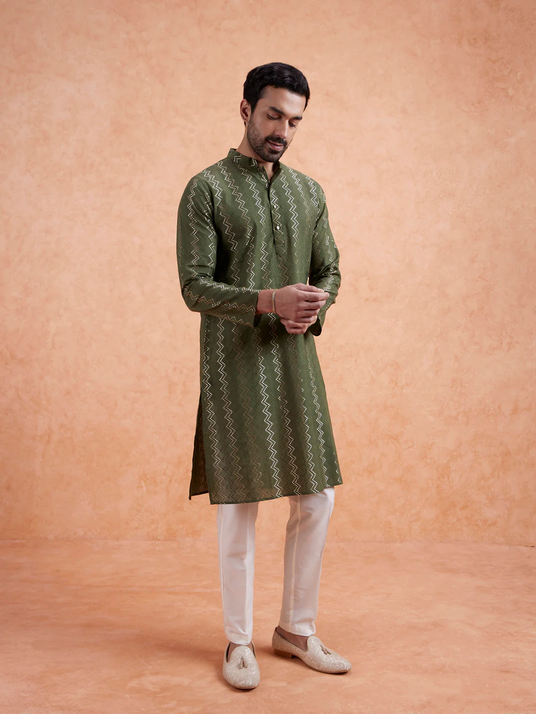 Green Silk Blend Textured Long Kurta - Image 5