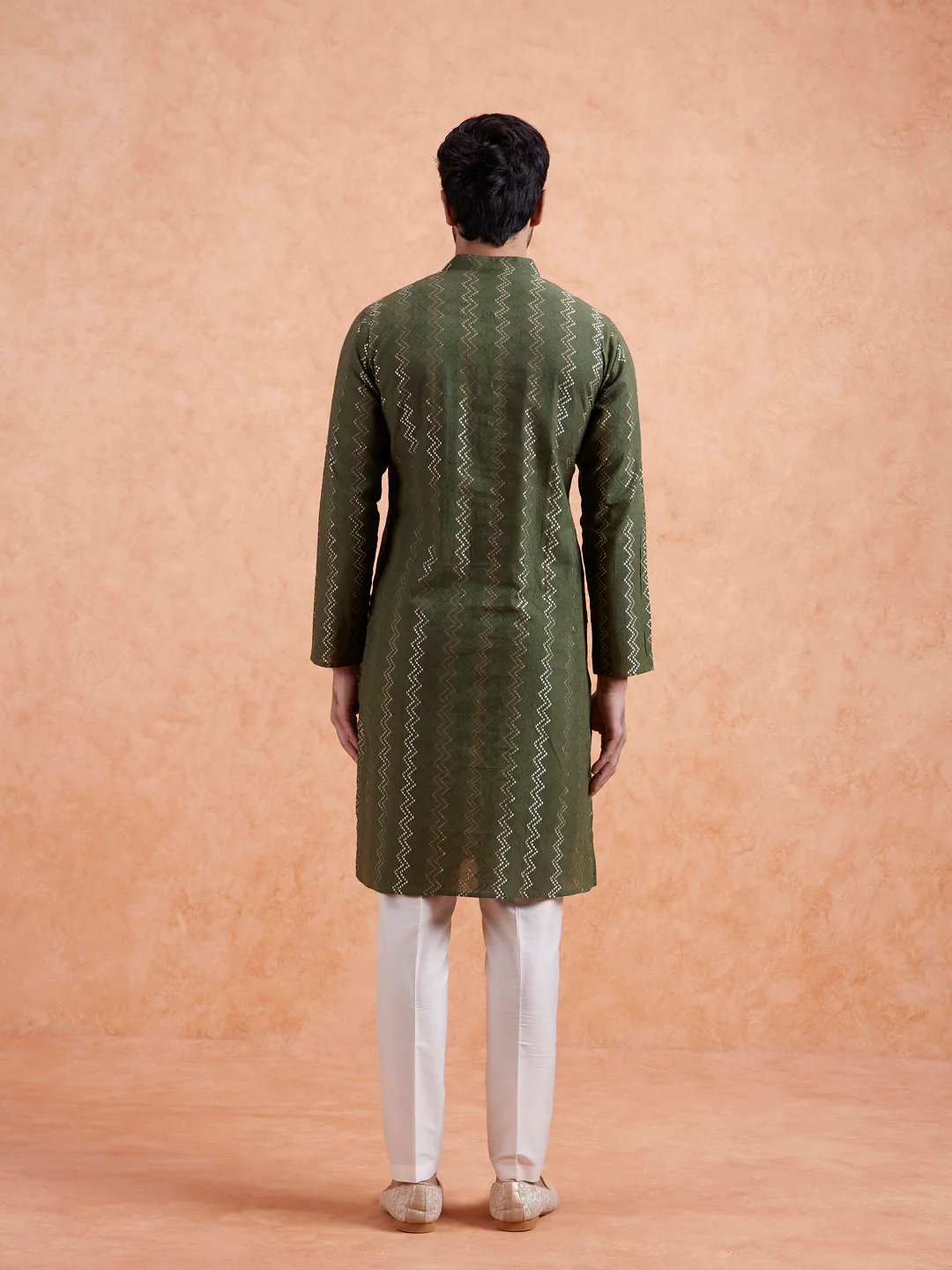 Green Silk Blend Textured Long Kurta - Image 6