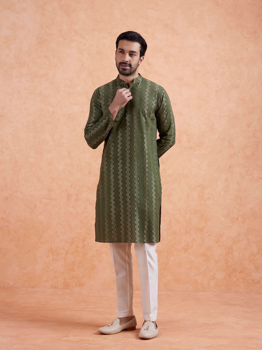 Green Silk Blend Textured Long Kurta - Image 7