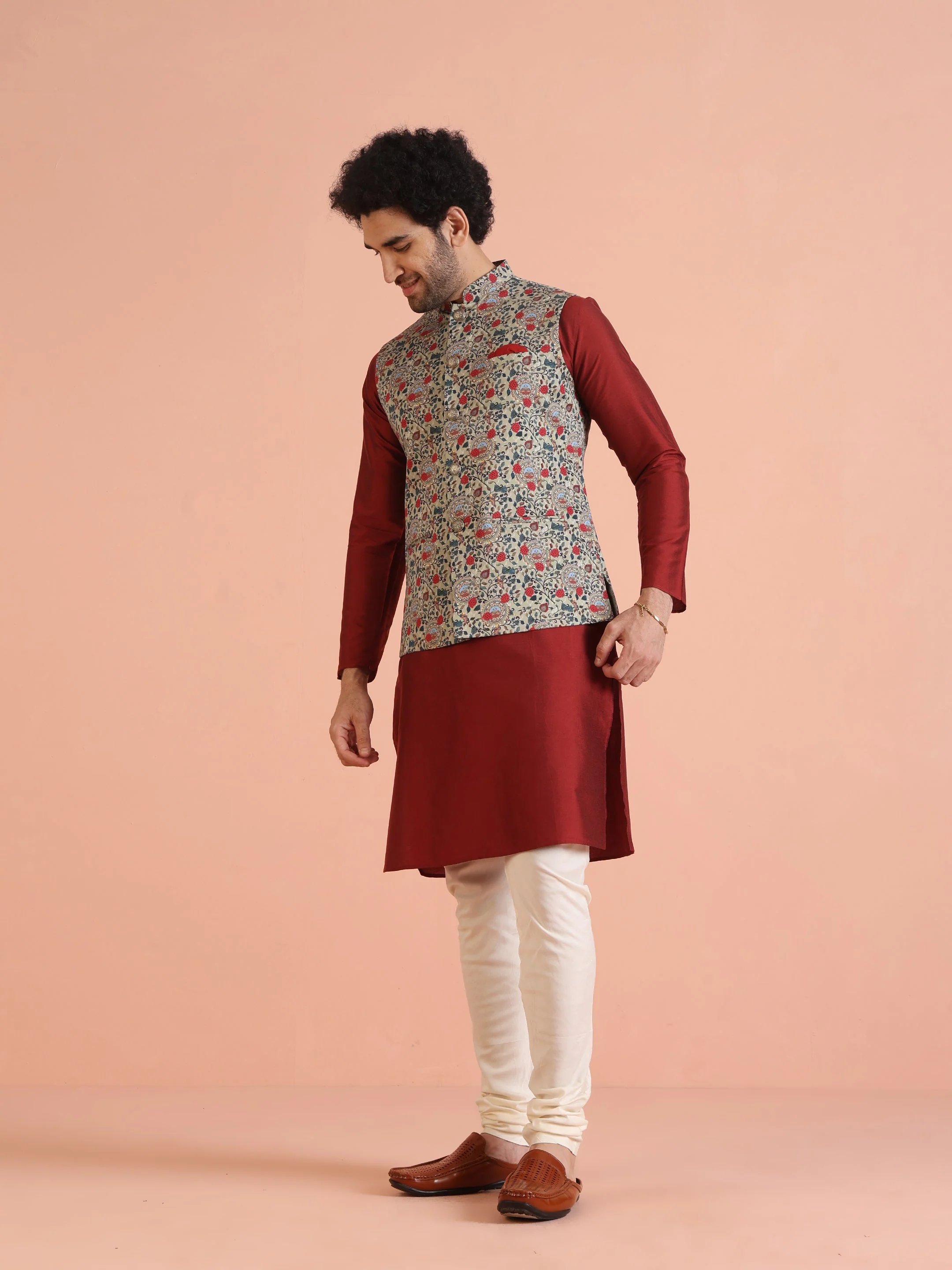 Men Olive Printed Nehru Jacket - Image 10