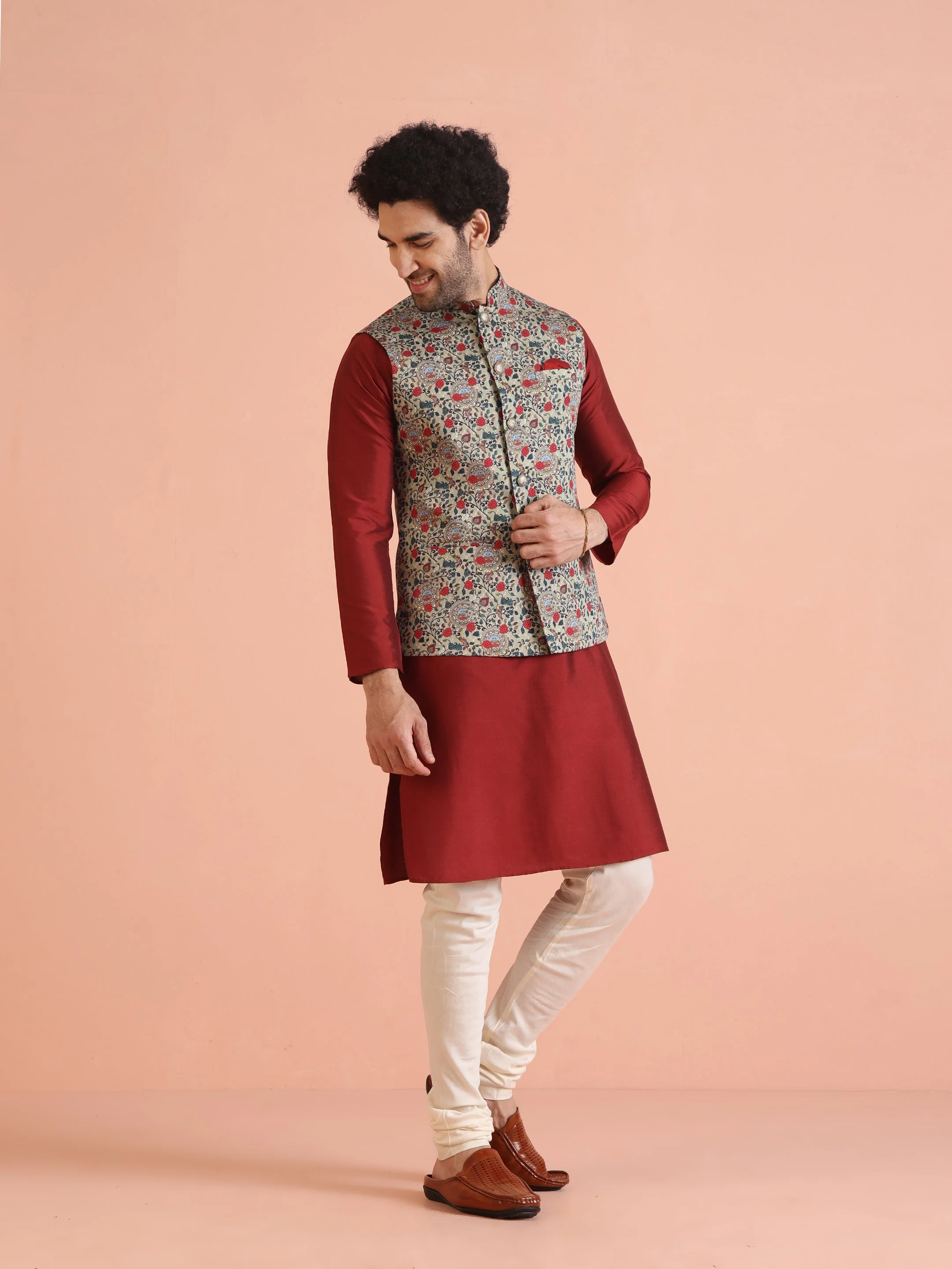 Men Olive Printed Nehru Jacket - Image 11