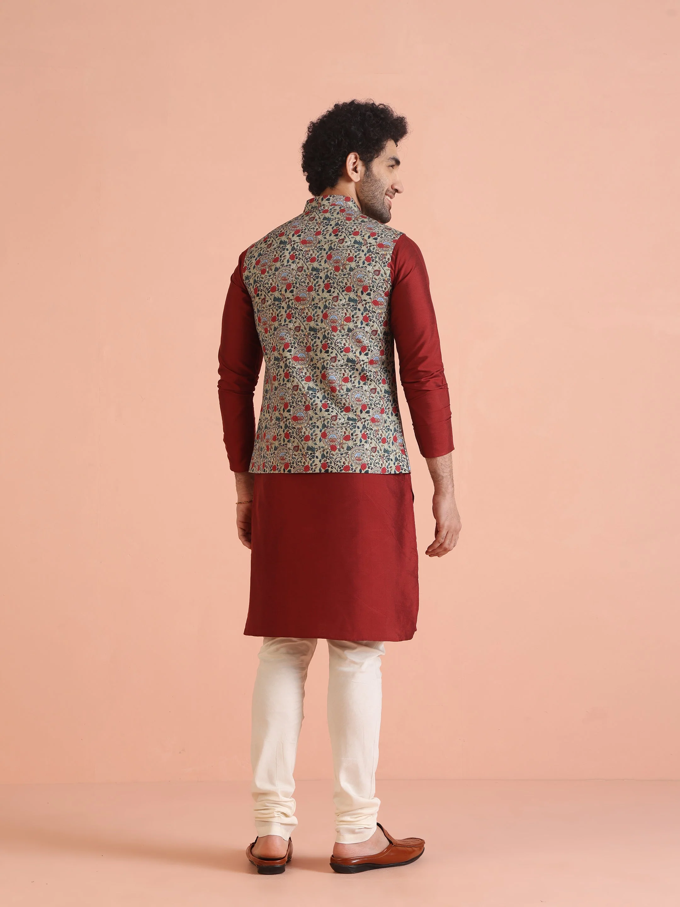 Men Olive Printed Nehru Jacket - Image 12