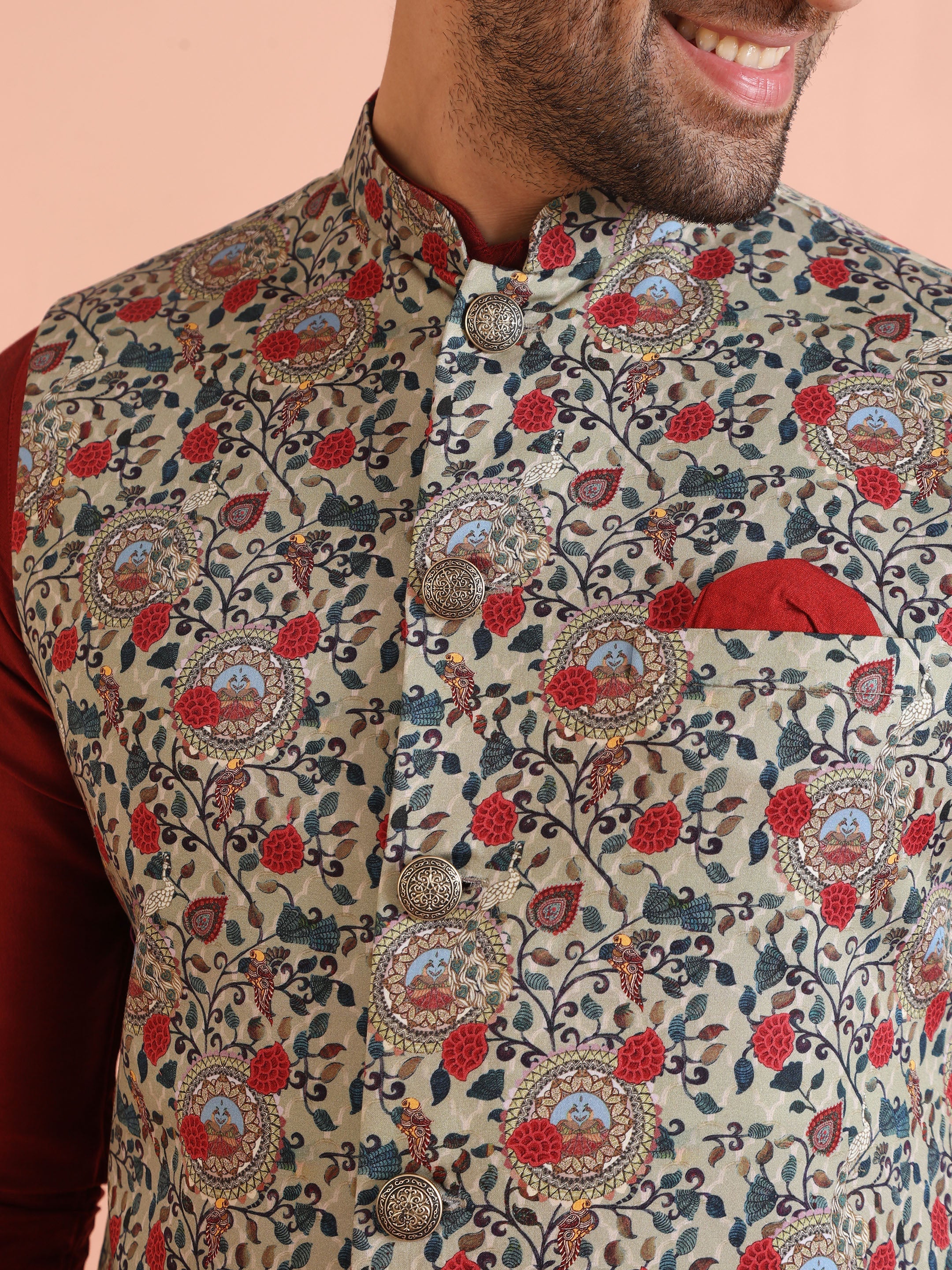 Men Olive Printed Nehru Jacket - Image 14