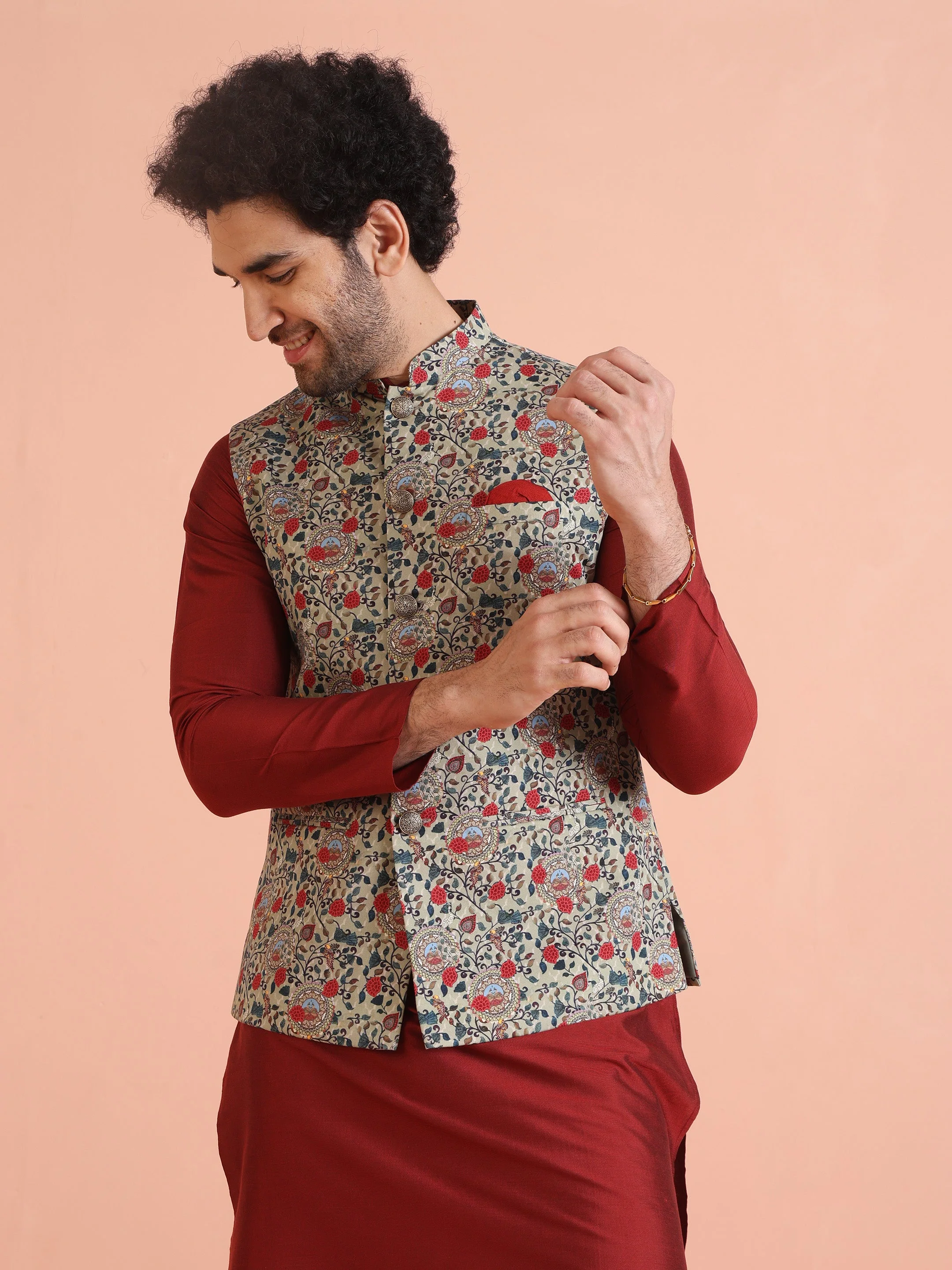 Men Olive Printed Nehru Jacket - Image 15