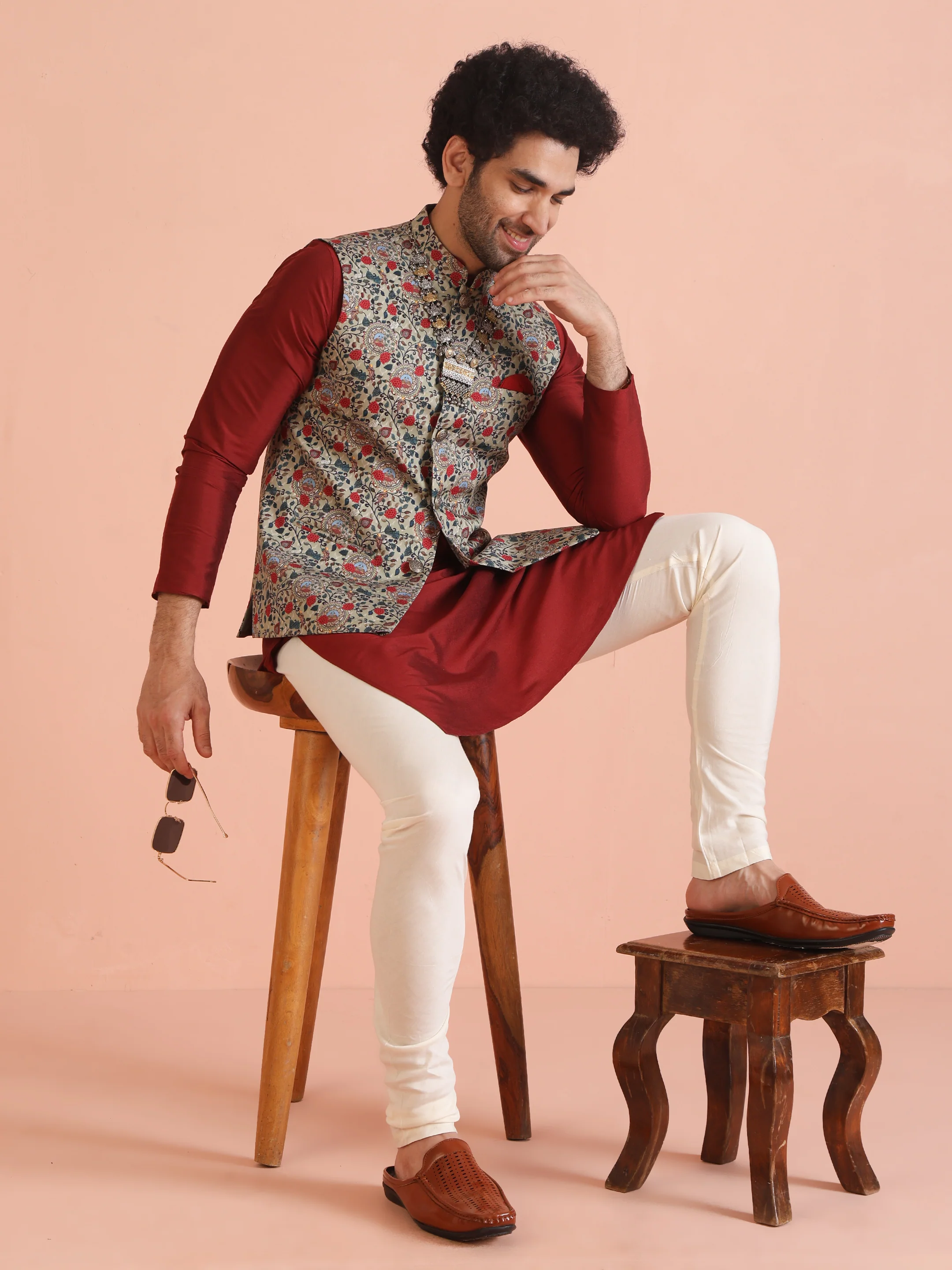 Men Olive Printed Nehru Jacket - Image 2