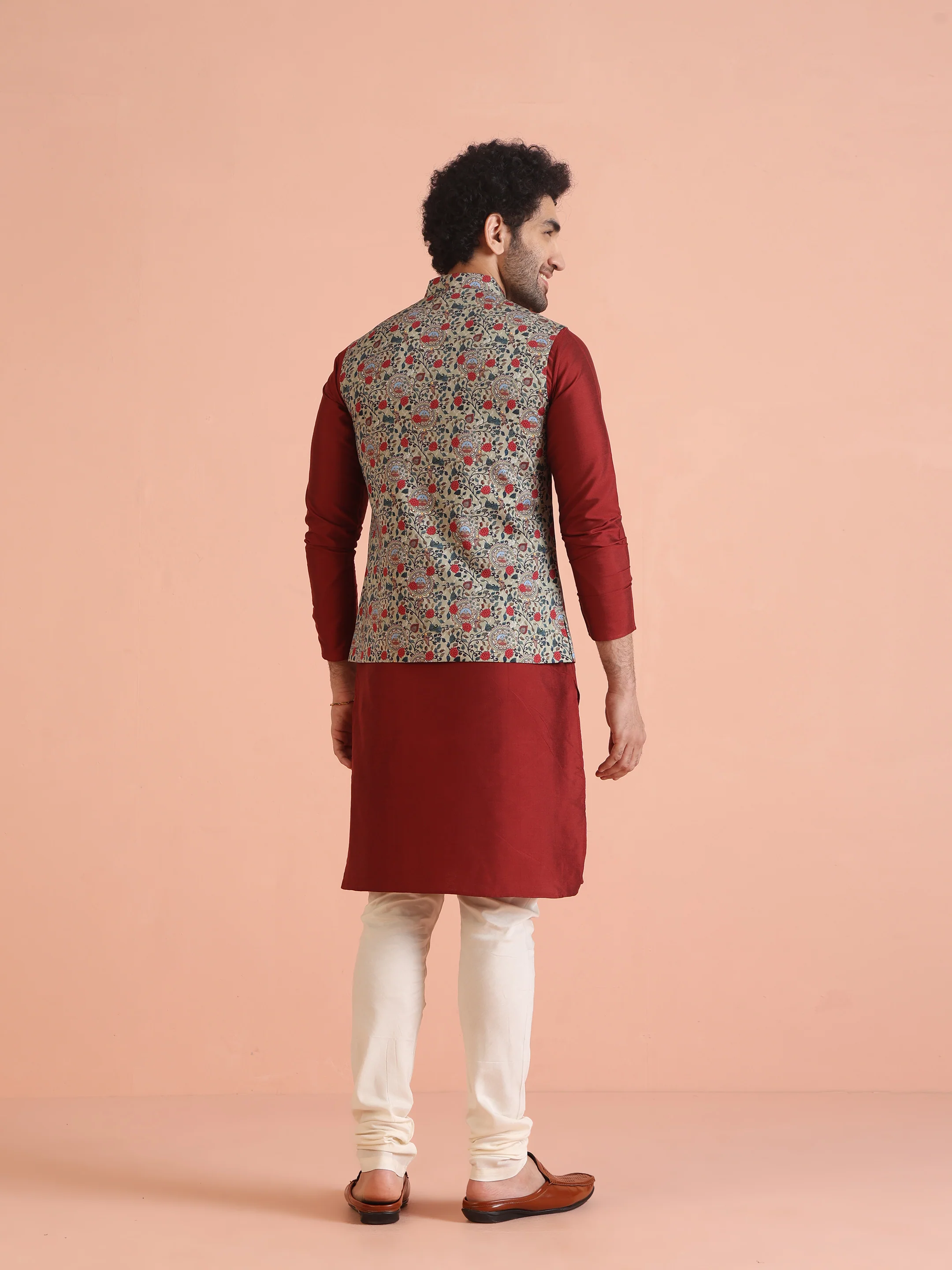 Men Olive Printed Nehru Jacket - Image 5