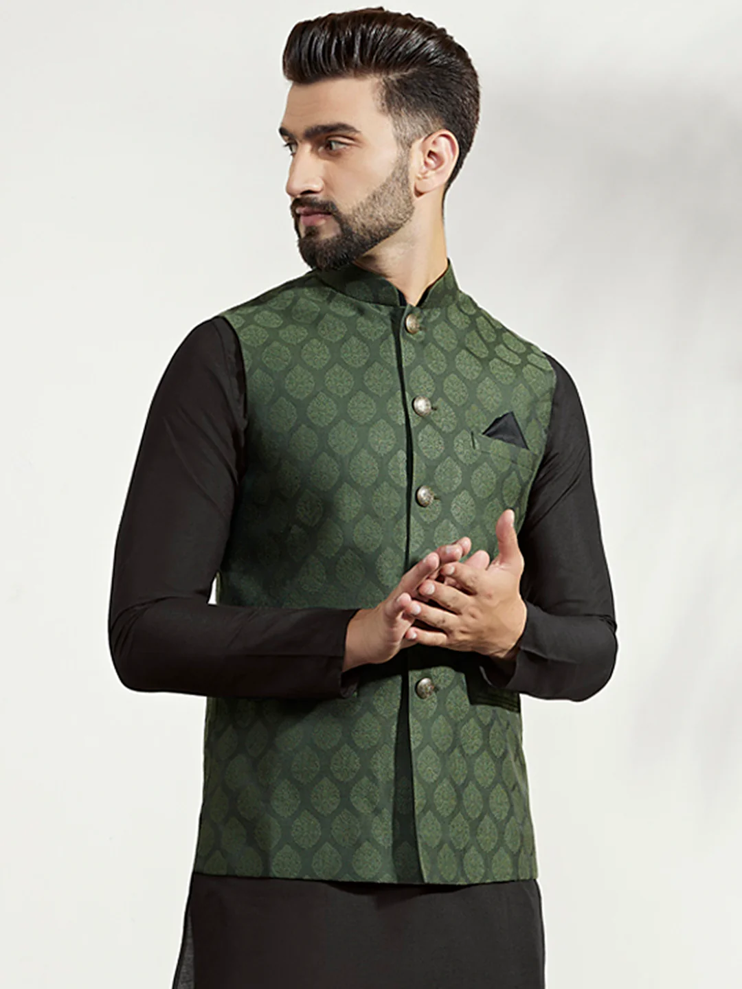 Green Silk Blend Textured Nehru Jacket - Image 2