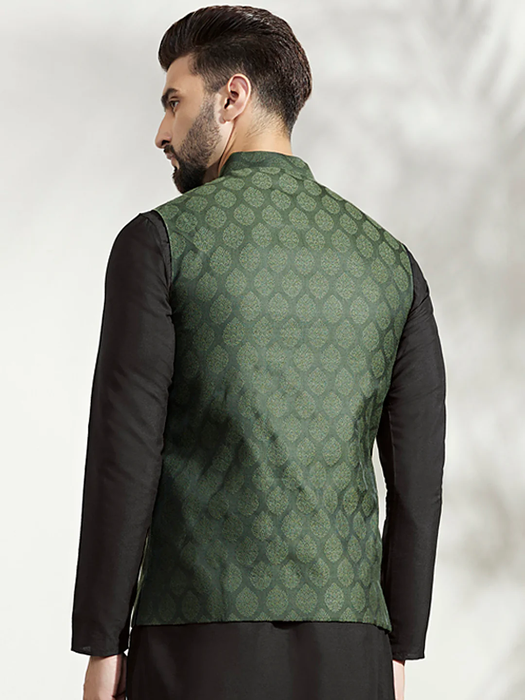 Green Silk Blend Textured Nehru Jacket - Image 4