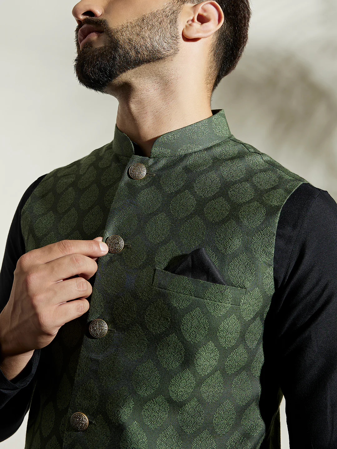 Green Silk Blend Textured Nehru Jacket - Image 5