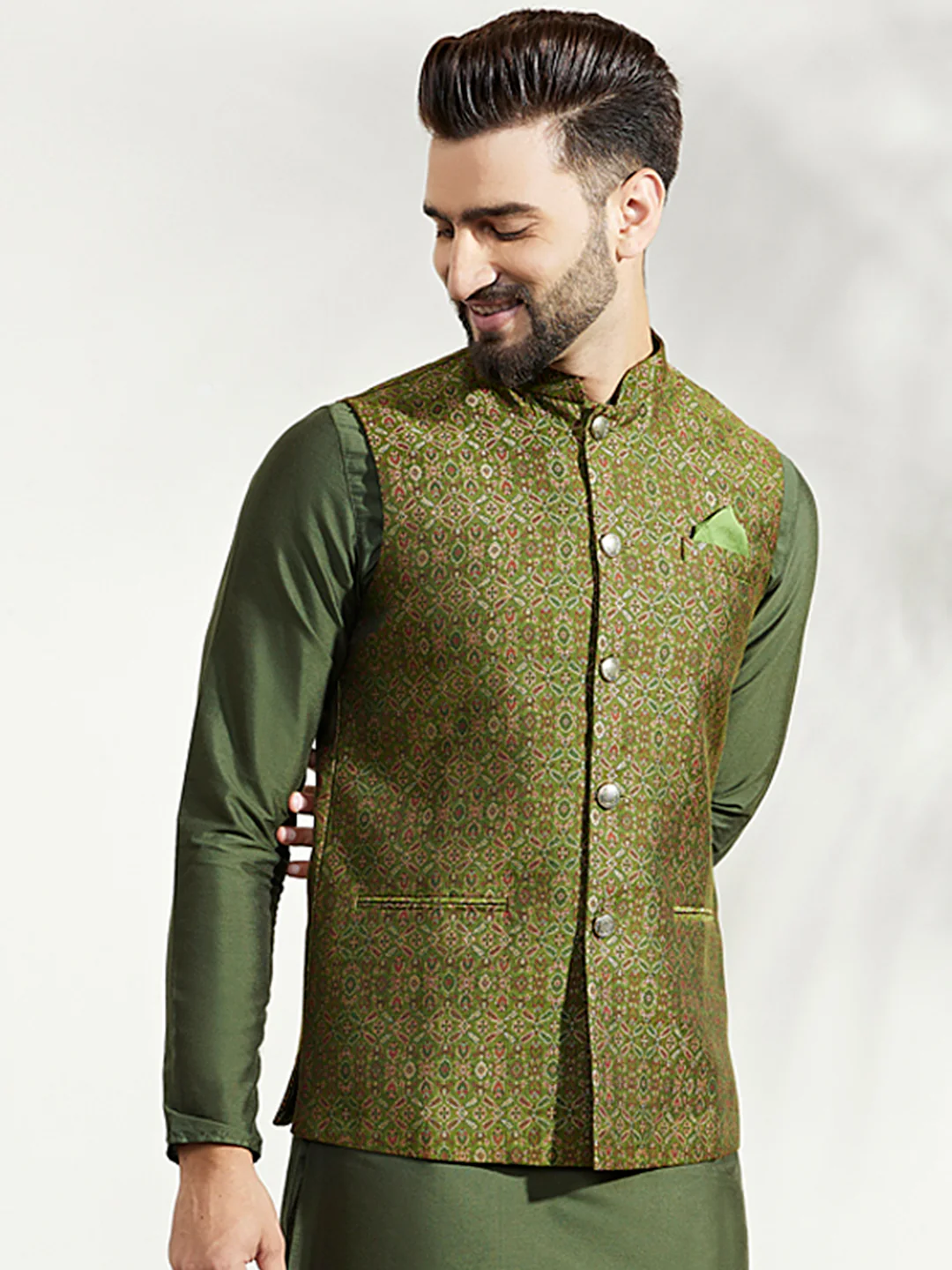 Green Silk Embroidered Nehru Jacket Bundi - Image 2