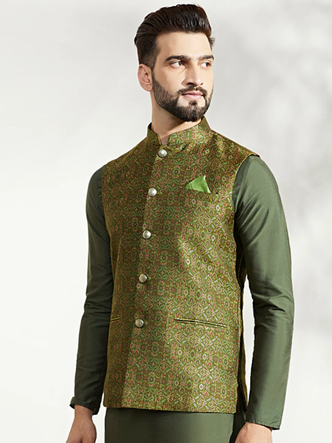Green Silk Embroidered Nehru Jacket Bundi - Image 3