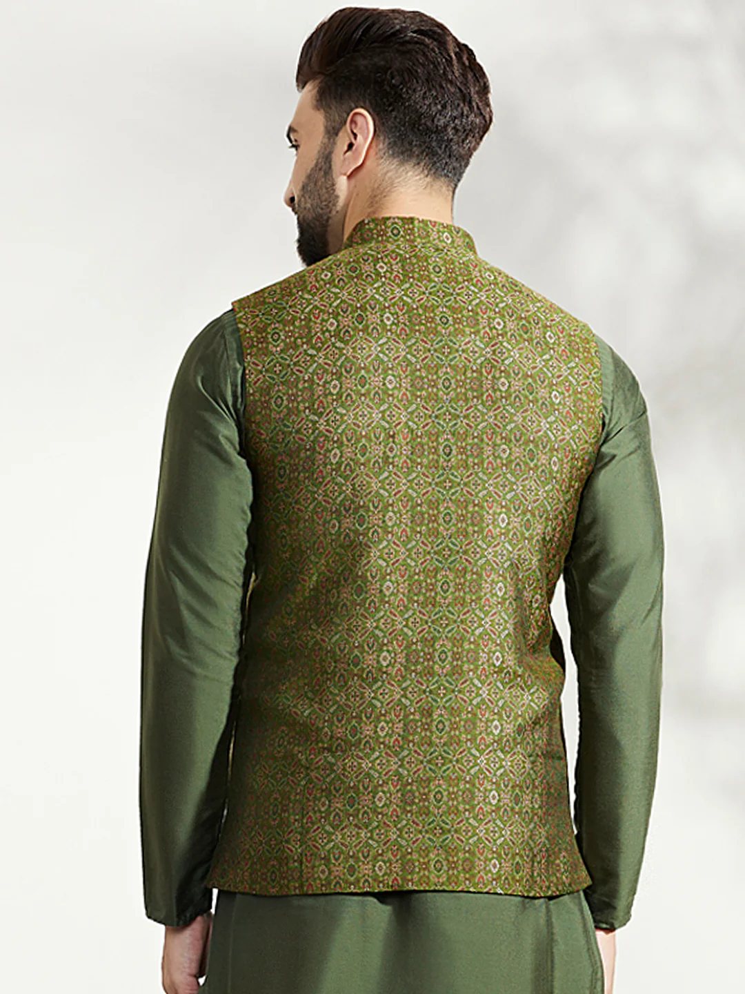 Green Silk Embroidered Nehru Jacket Bundi - Image 4