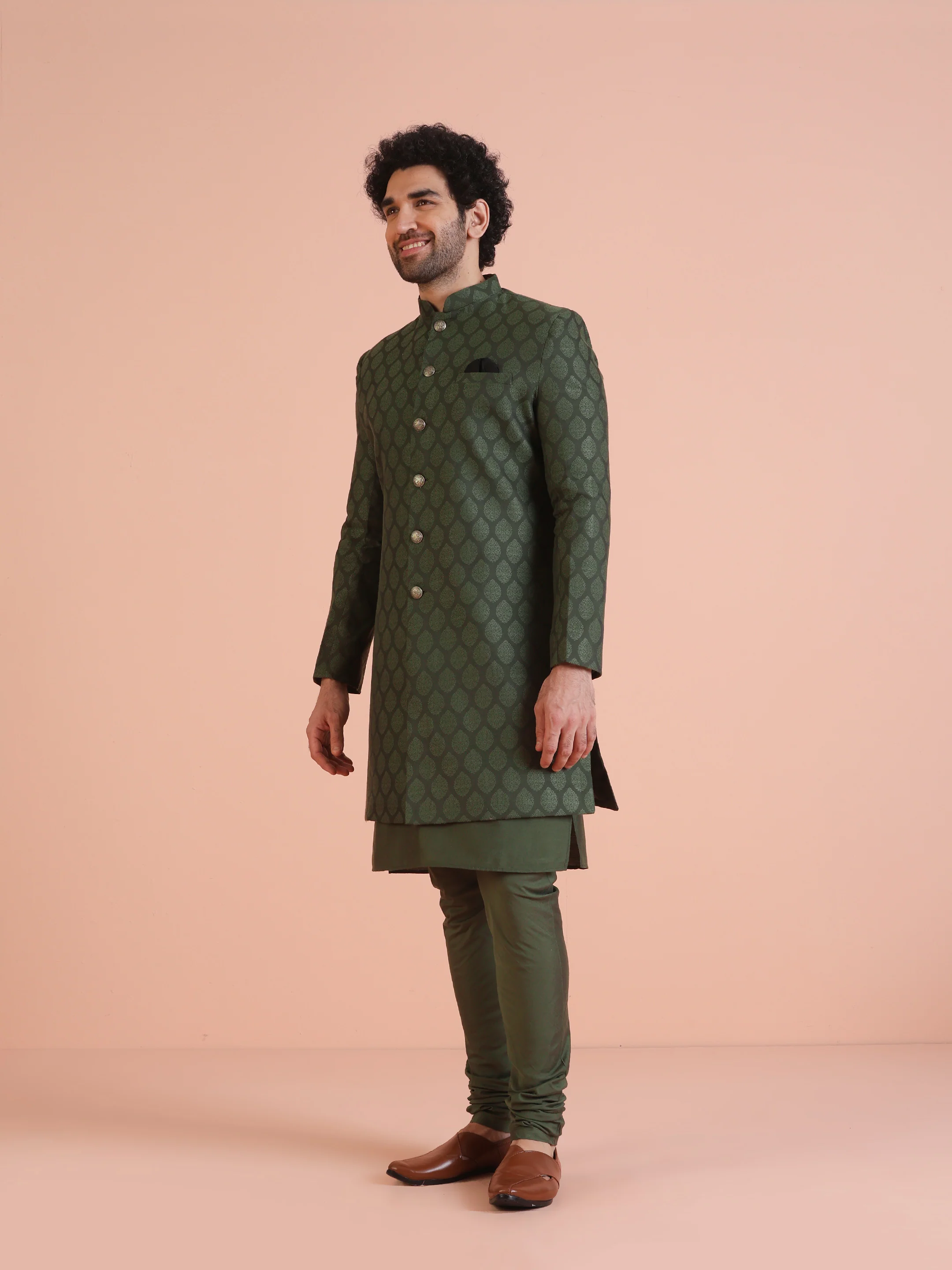 Green Cotton Silk Jacquard Sherwani Kurta Churidar Set - Image 3
