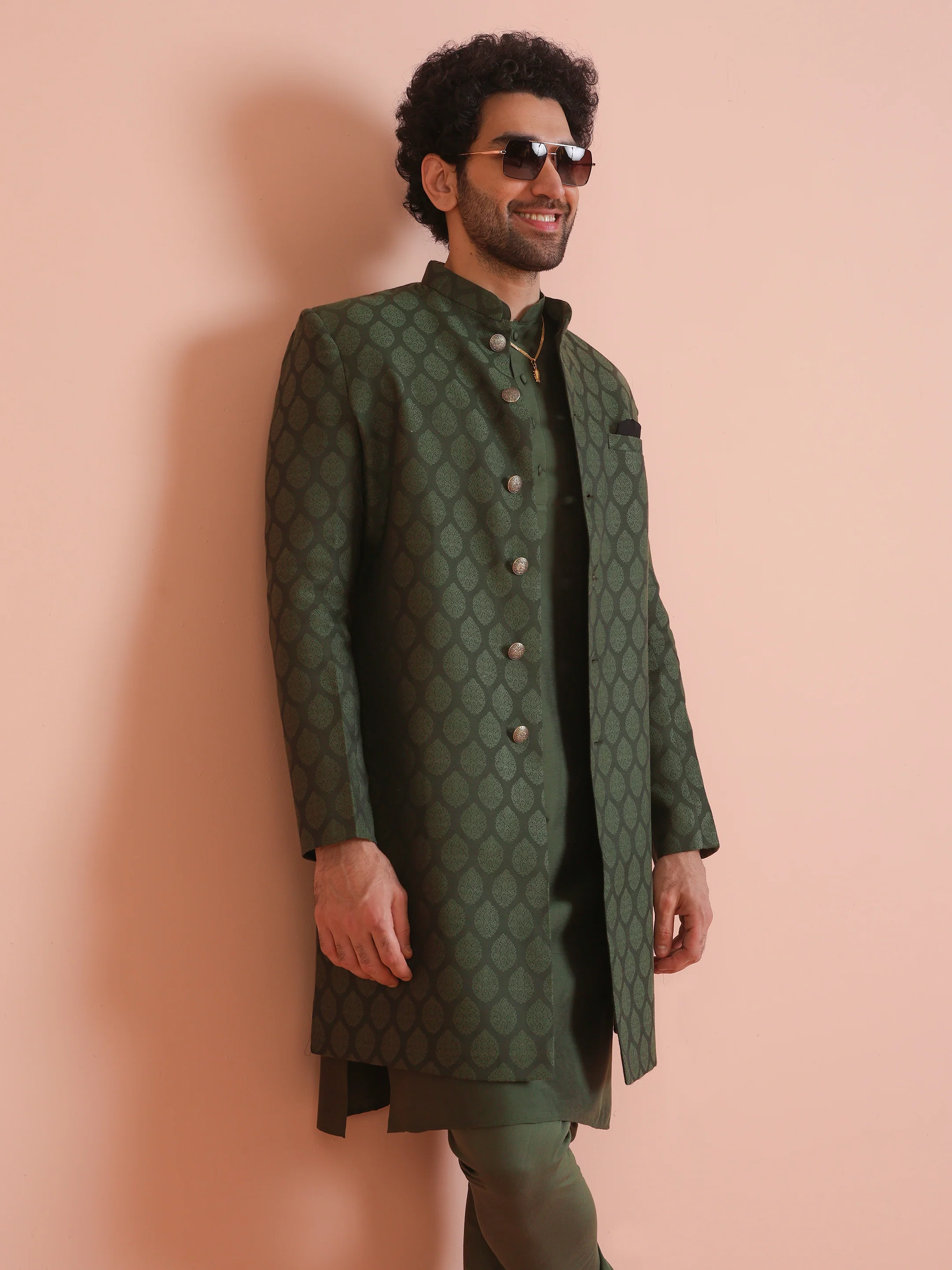 Green Cotton Silk Jacquard Sherwani Kurta Churidar Set - Image 8