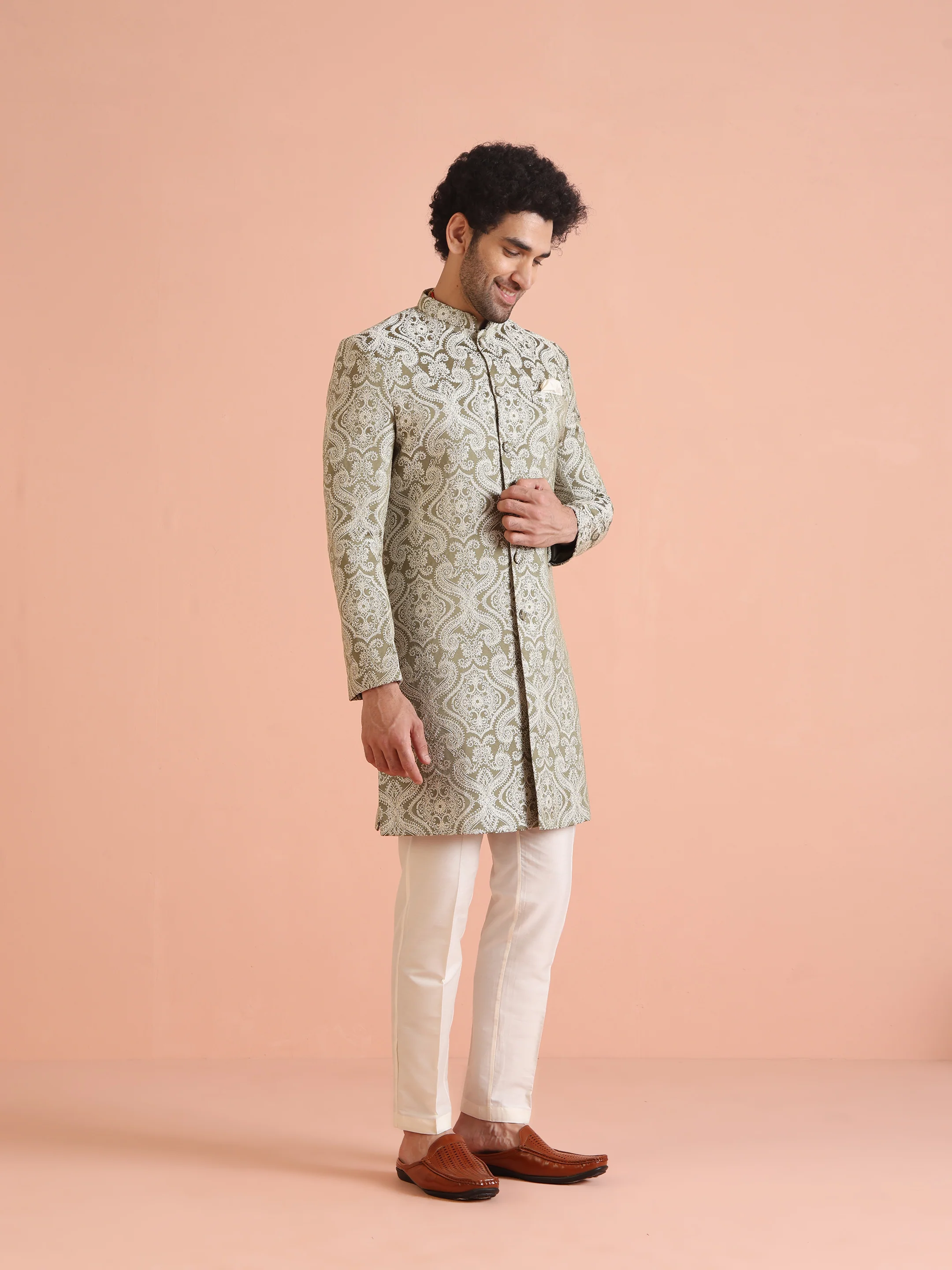 Light Green Textured Sherwani Trouser Set - Image 3